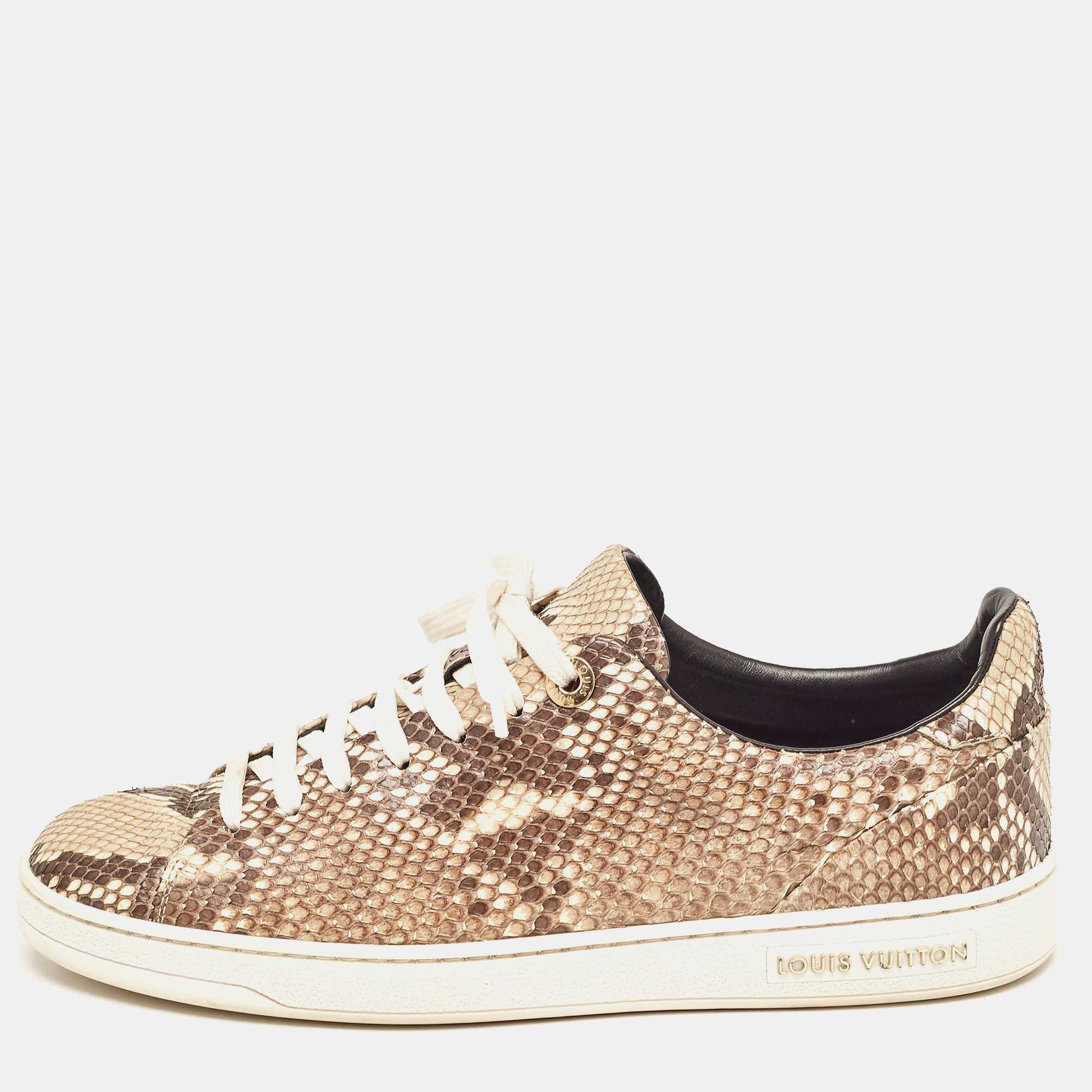 Pre-owned Louis Vuitton Brown Python Leather Frontrow Trainers Size 38 In Beige