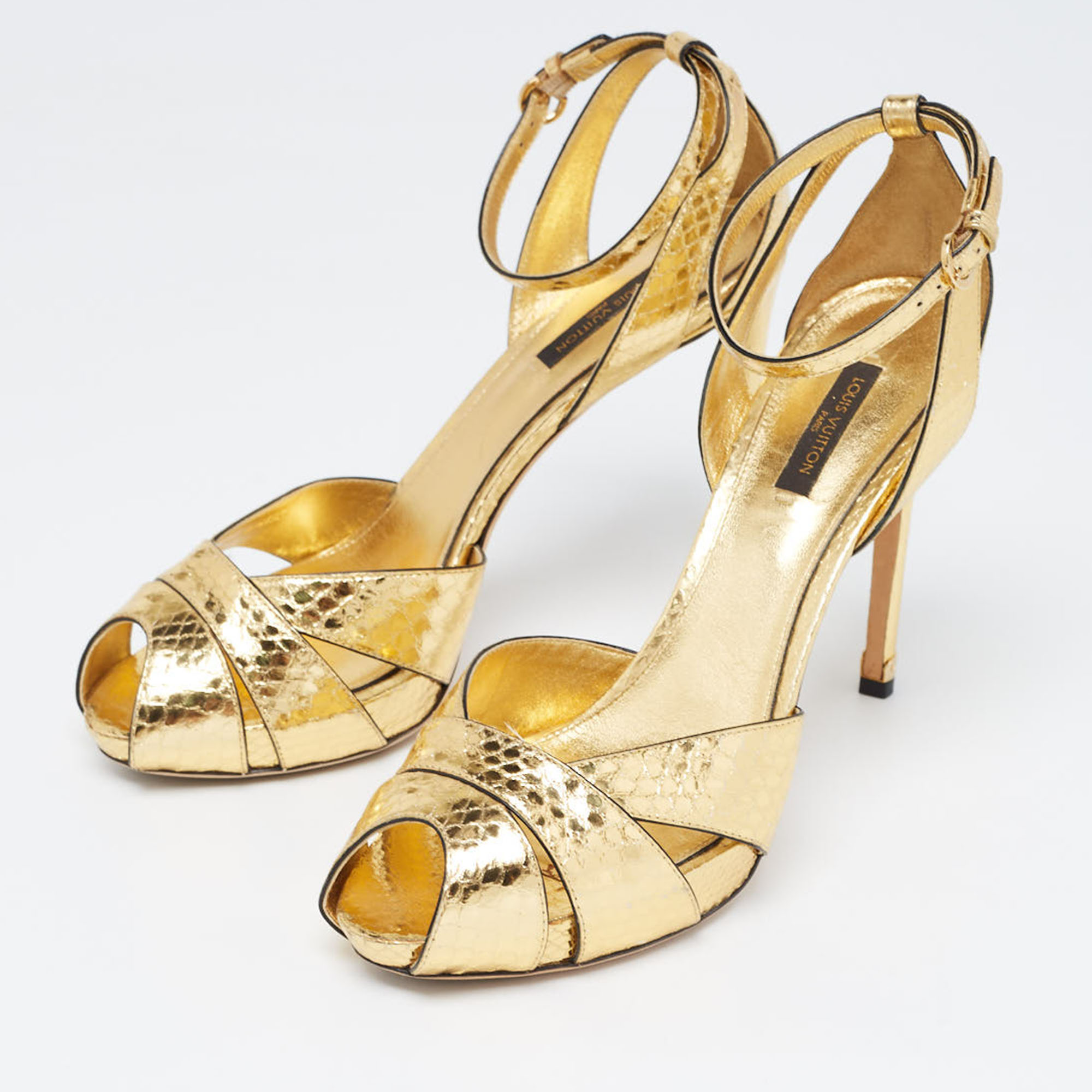 

Louis Vuitton Metallic Gold Python Embossed Leather Peep Toe Strappy Sandals Size