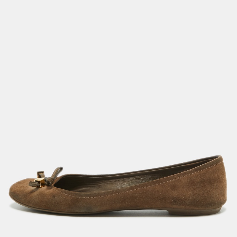 Pre-owned Louis Vuitton Brown Suede Dice Bow Ballet Flats Size 38