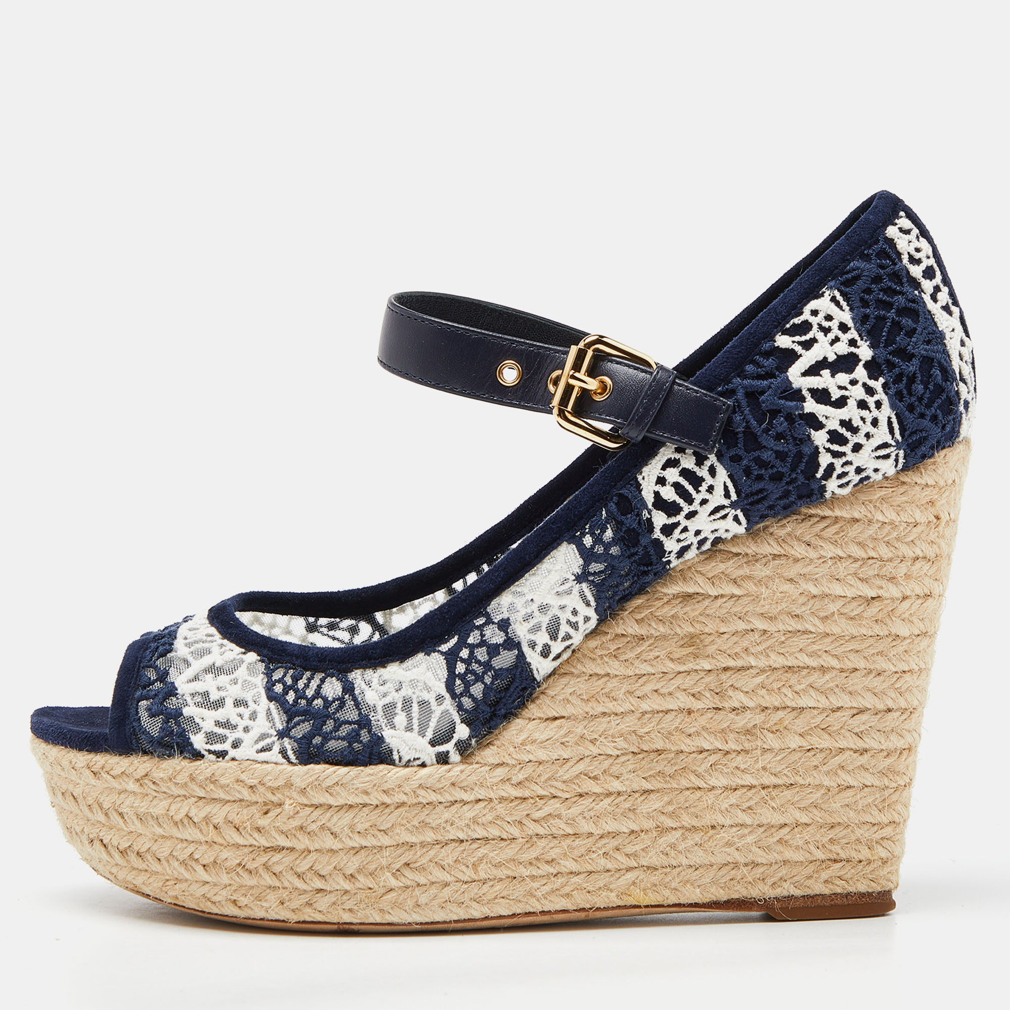 

Louis Vuitton Blue/White Fabric, Suede and Mesh Open Toe Wedge Espadrille Sandals Size