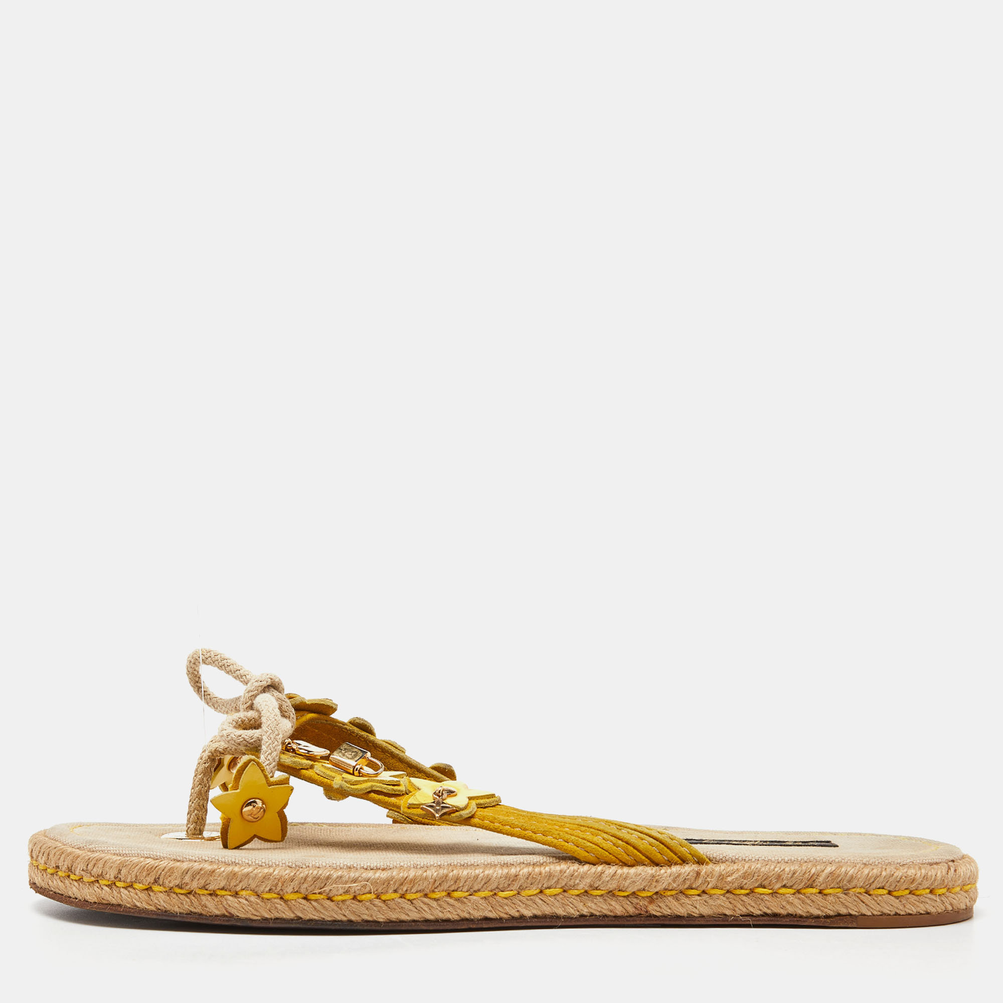 Pre-owned Louis Vuitton Yellow Suede Thong Espadrille Flats Size 40