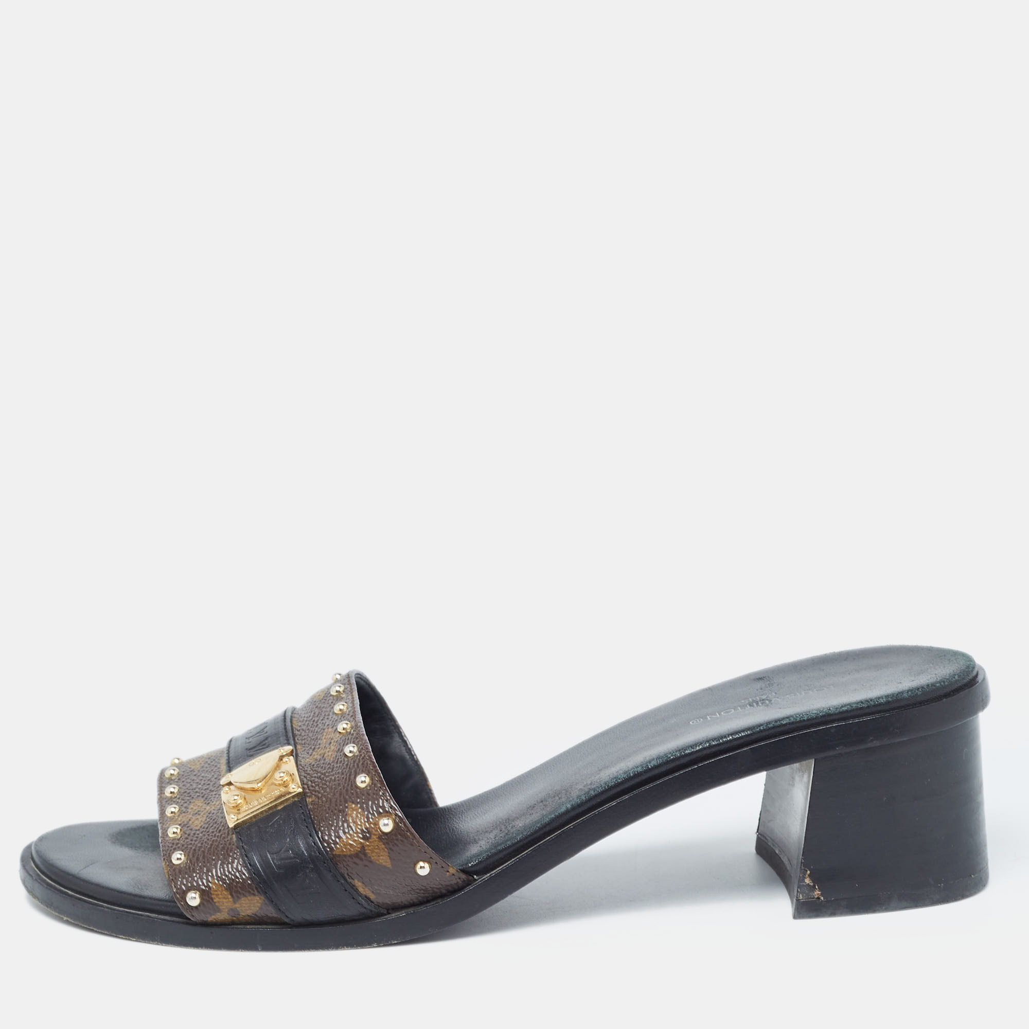 

Louis Vuitton Brown/Black Monogram Canvas and Leather Lock It Slide Sandals Size