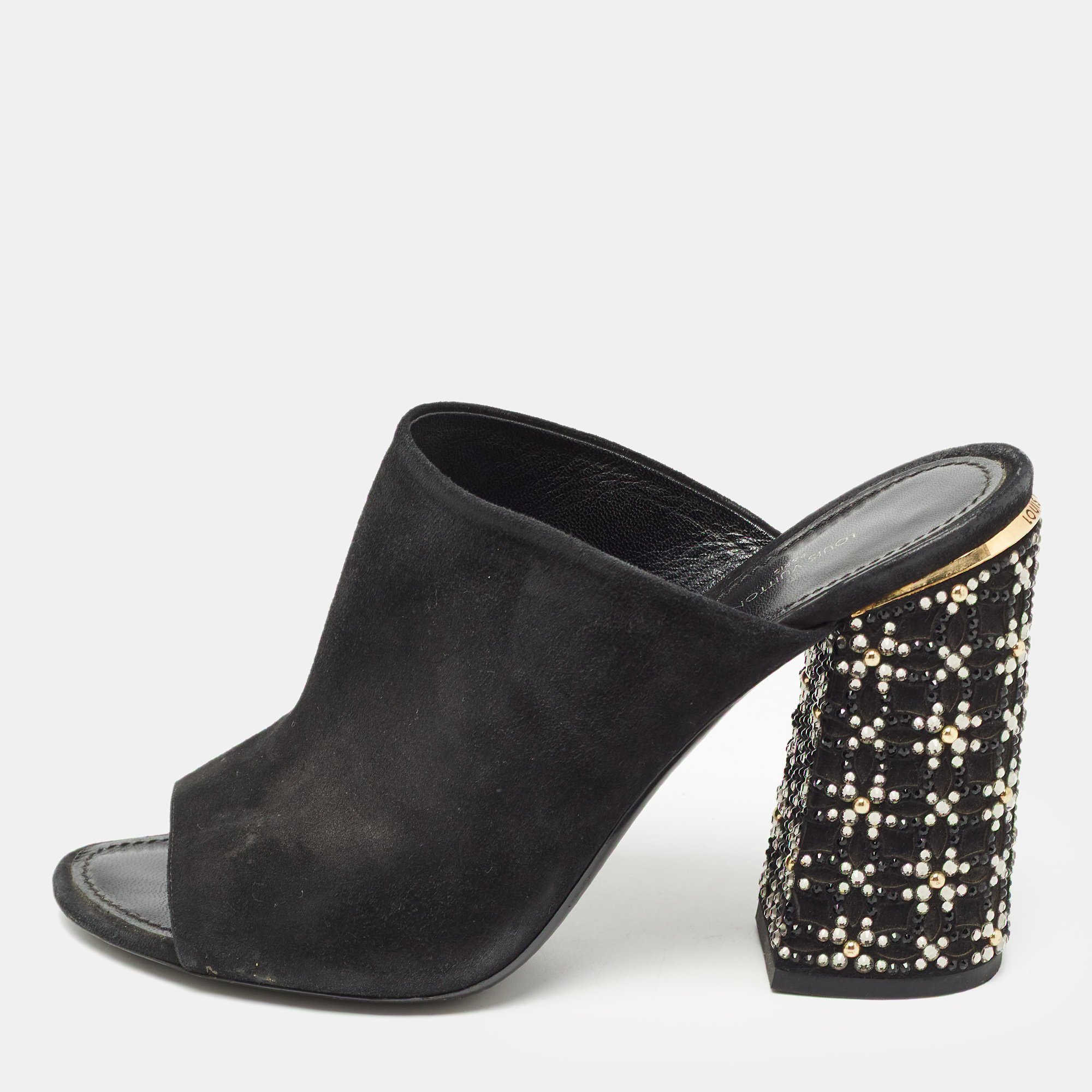 

Louis Vuitton Black Suede Embellished Block Heel Open Toe Mules Size
