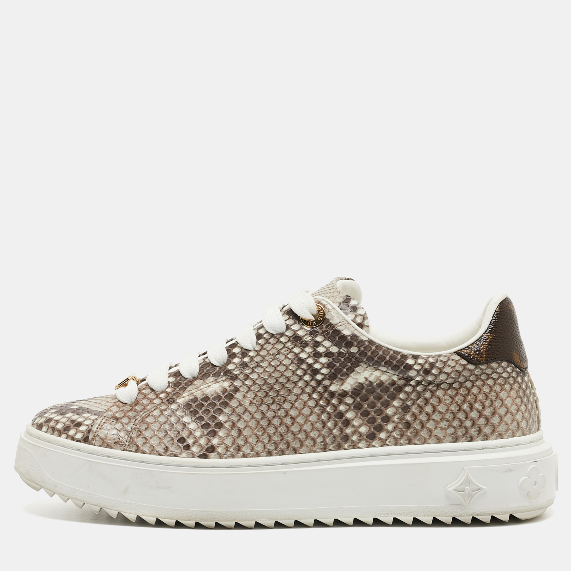 Pre Owned Louis Vuitton Brown/Beige Snakeskin Time Out Sneakers Size 38