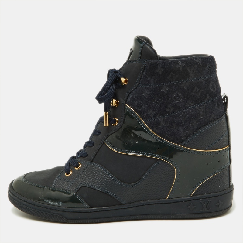 

Louis Vuitton Navy Blue Monogram Embossed Suede and Leather Millenium Wedge Sneakers Size