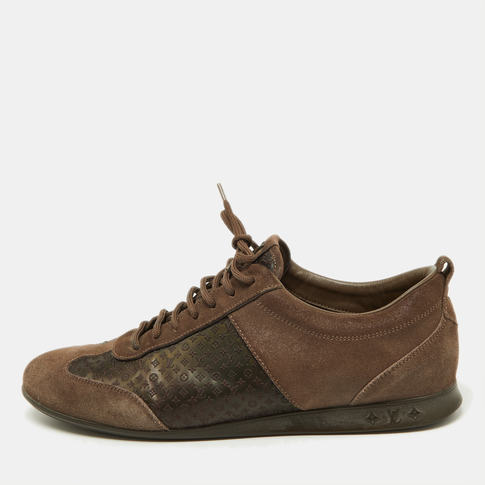 

Louis Vuitton Brown Textured Suede and Monogram Fabric Low Top Sneakers Size