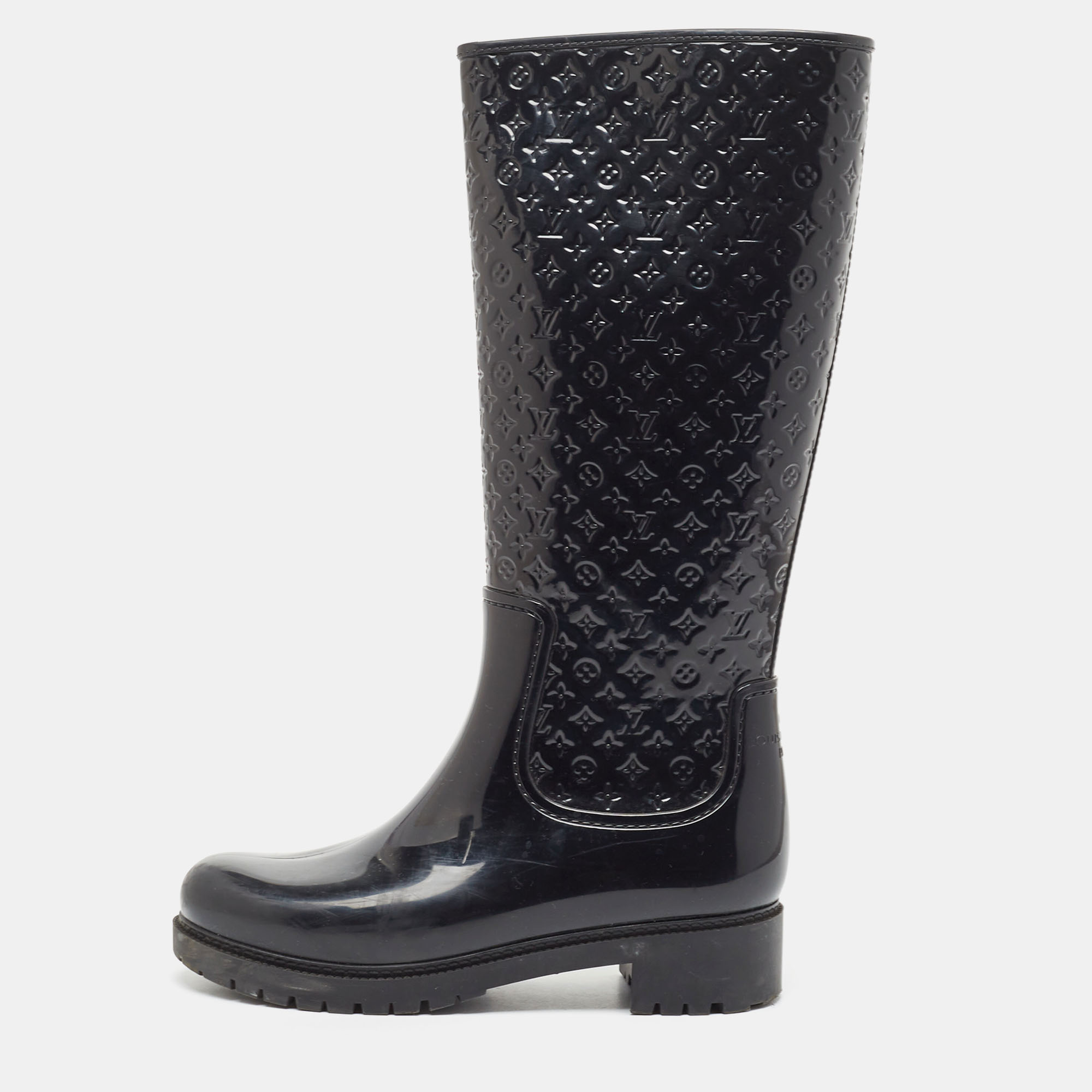 Pre-owned Louis Vuitton Black Monogram Rubber Knee Length Boots Size 38