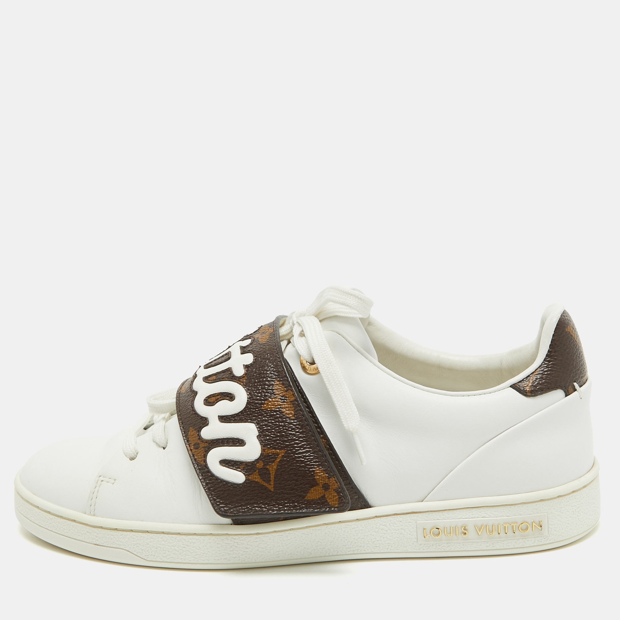 Pre-owned Louis Vuitton White/brown Monogram Canvas And Leather Low Top Sneakers Size 35.5