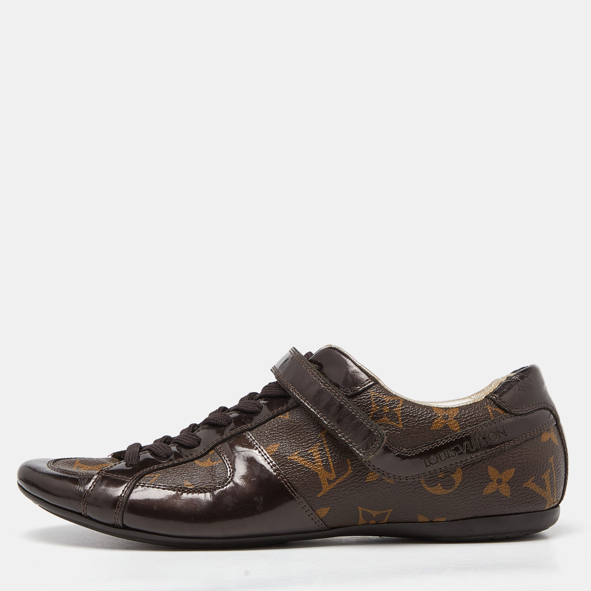 Pre-owned Louis Vuitton Brown Monogram Canvas And Patent Leather Gloe Trotter Sneakers Size 39