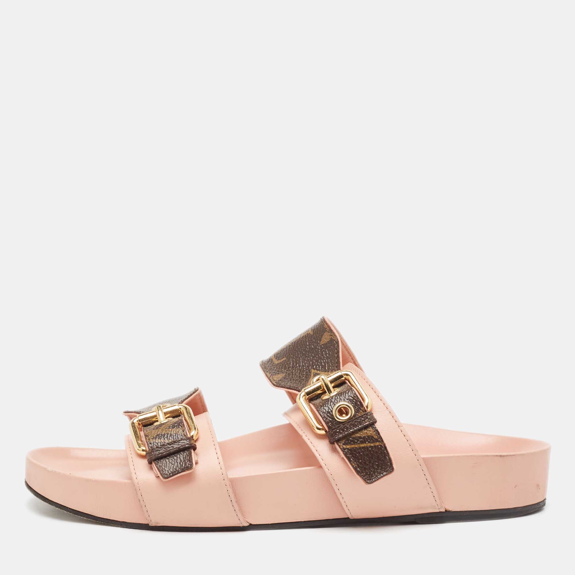 

Louis Vuitton Pink/Brown Monogram Canvas and Leather Bom Dia Flat Slides Size