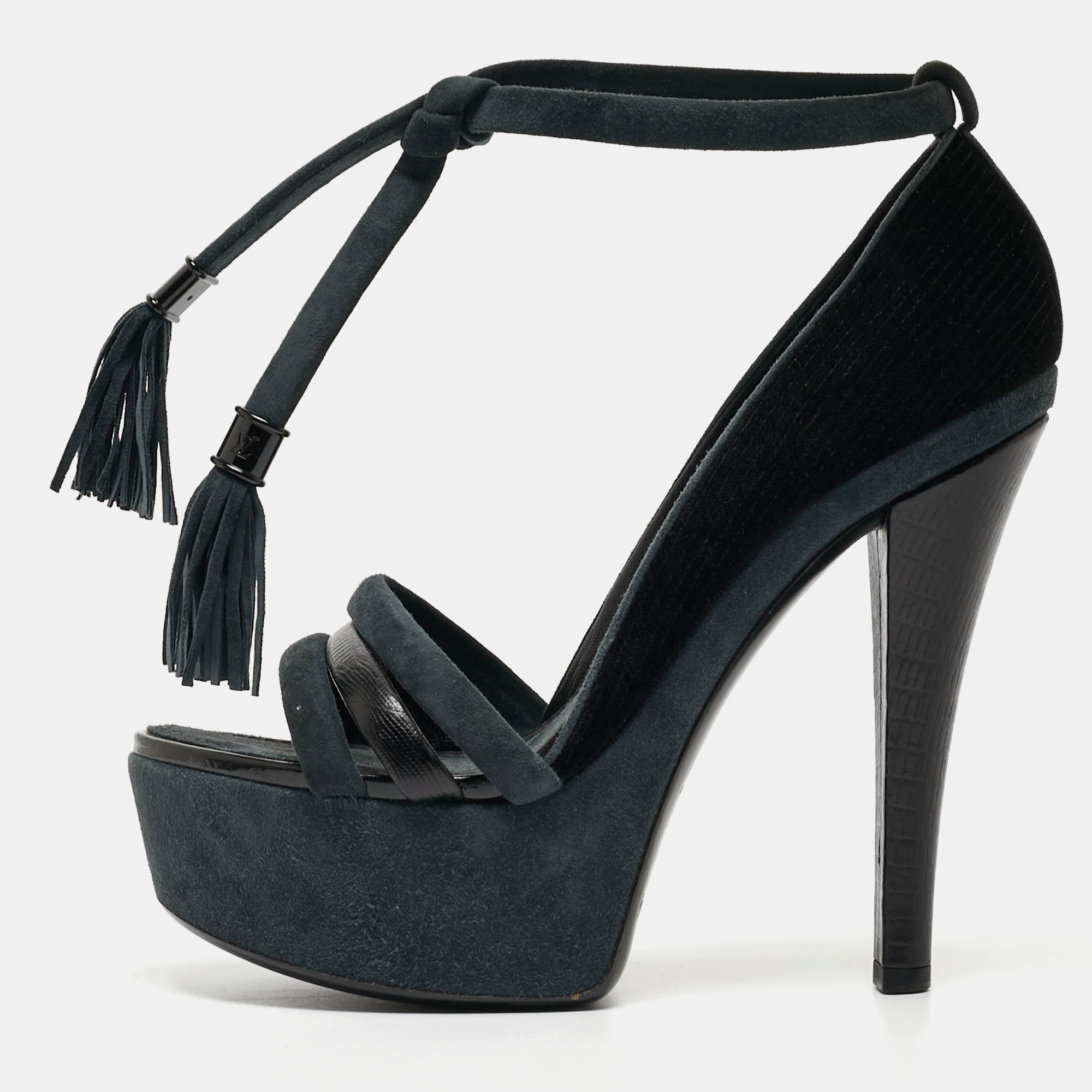 

Louis Vuitton Black Suede and Lizard Embossed Leather Tassel Detail Platform Ankle Strap Sandals Size