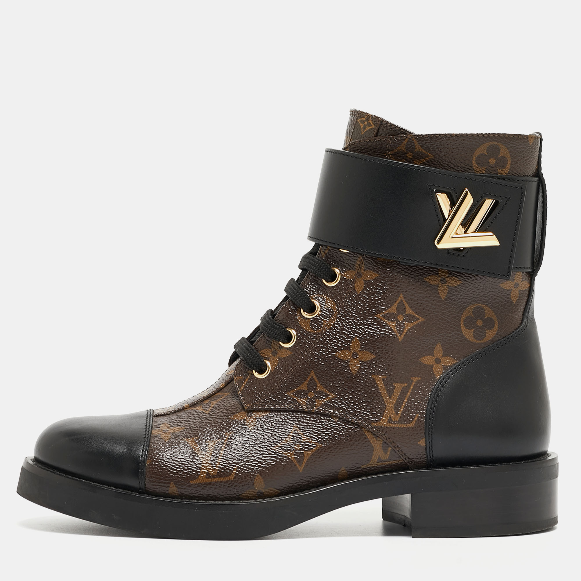 Pre-owned Louis Vuitton Brown/black Monogram Canvas Wonderland Ranger Boots Size 38.5