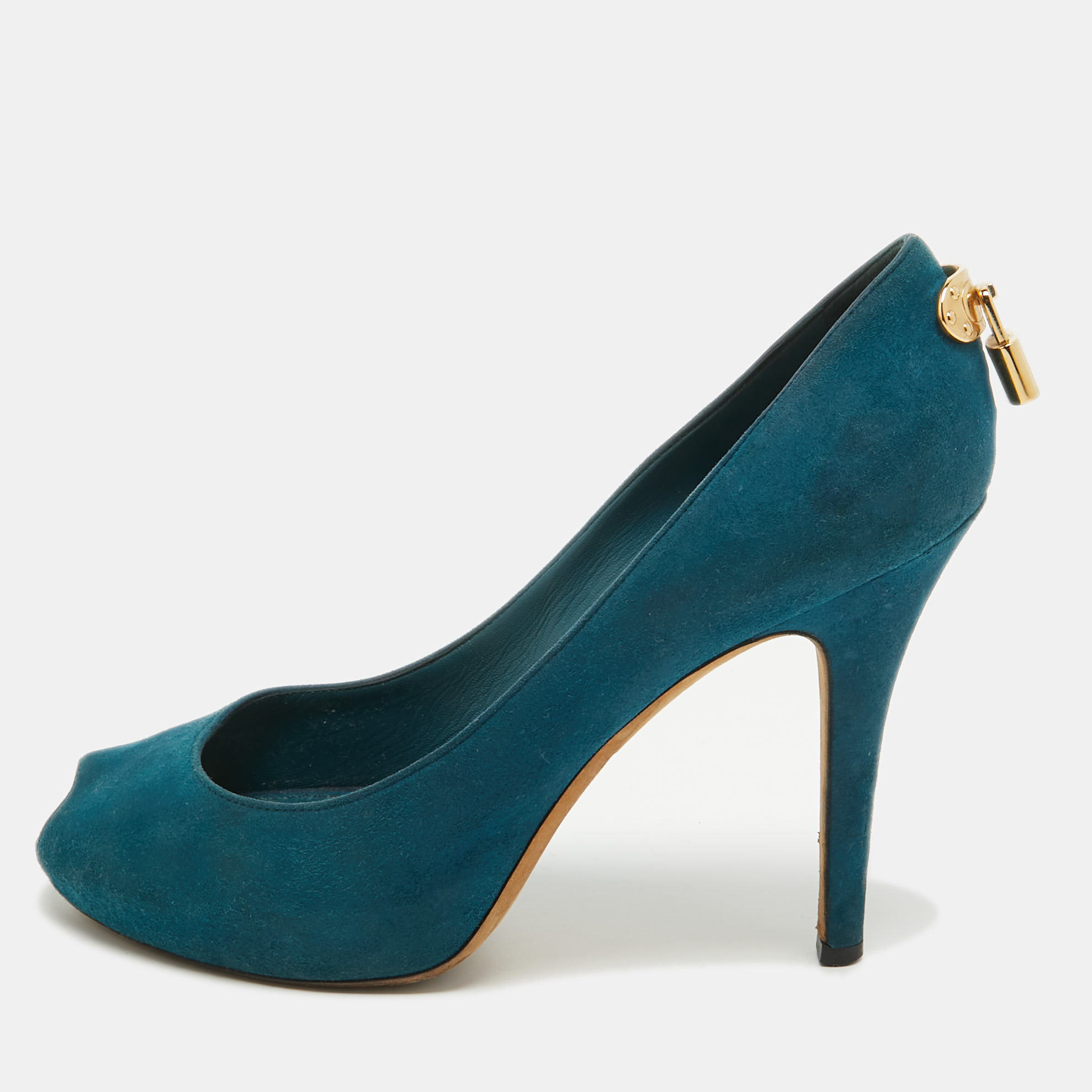Pre-owned Louis Vuitton Teal Suede Oh Really! Peep Toe Pumps Size 38.5 In Green