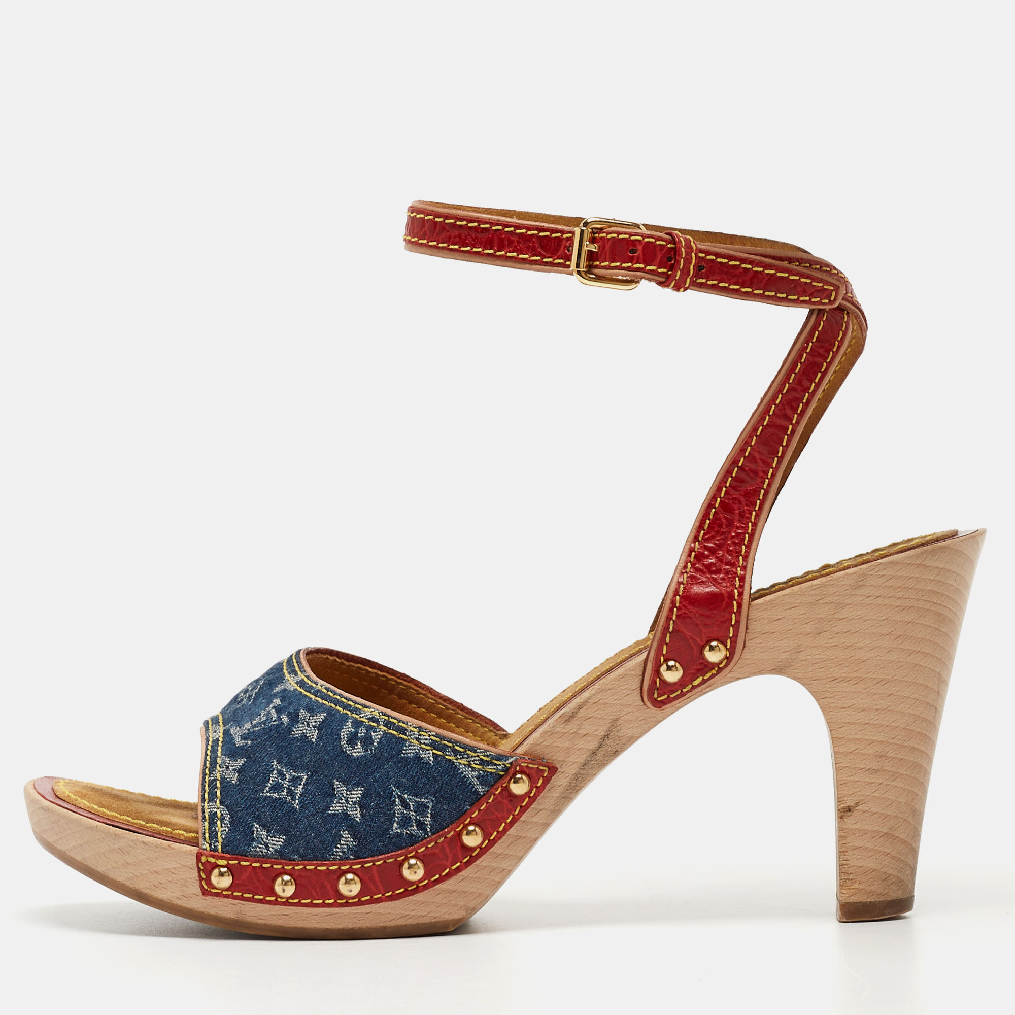 Pre-owned Louis Vuitton Navy Blue/red Croc Embossed And Denim Ankle Strap Clog Sandals Size 39.5