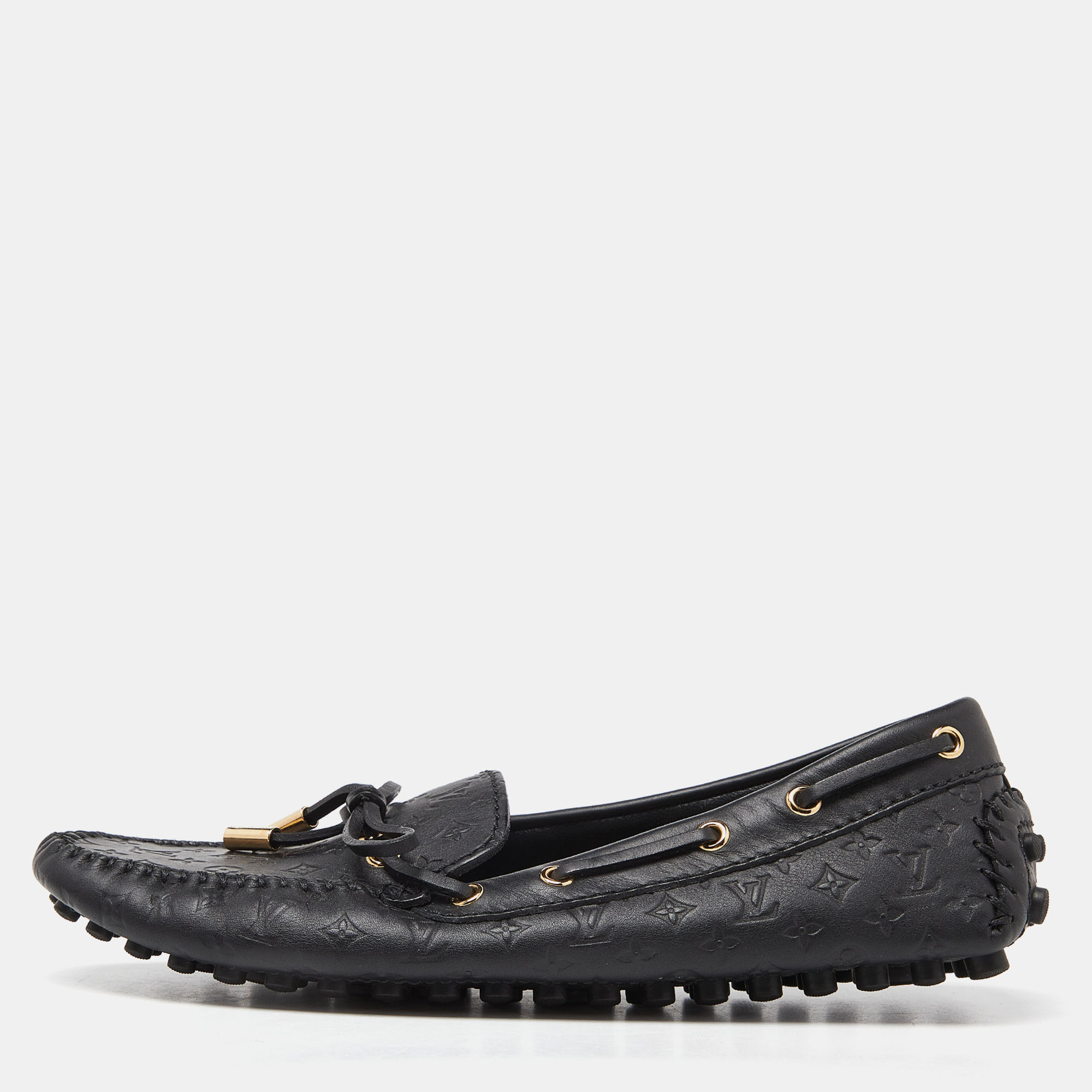 

Louis Vuitton Black Monogram Empreinte Leather Gloria Loafers Size