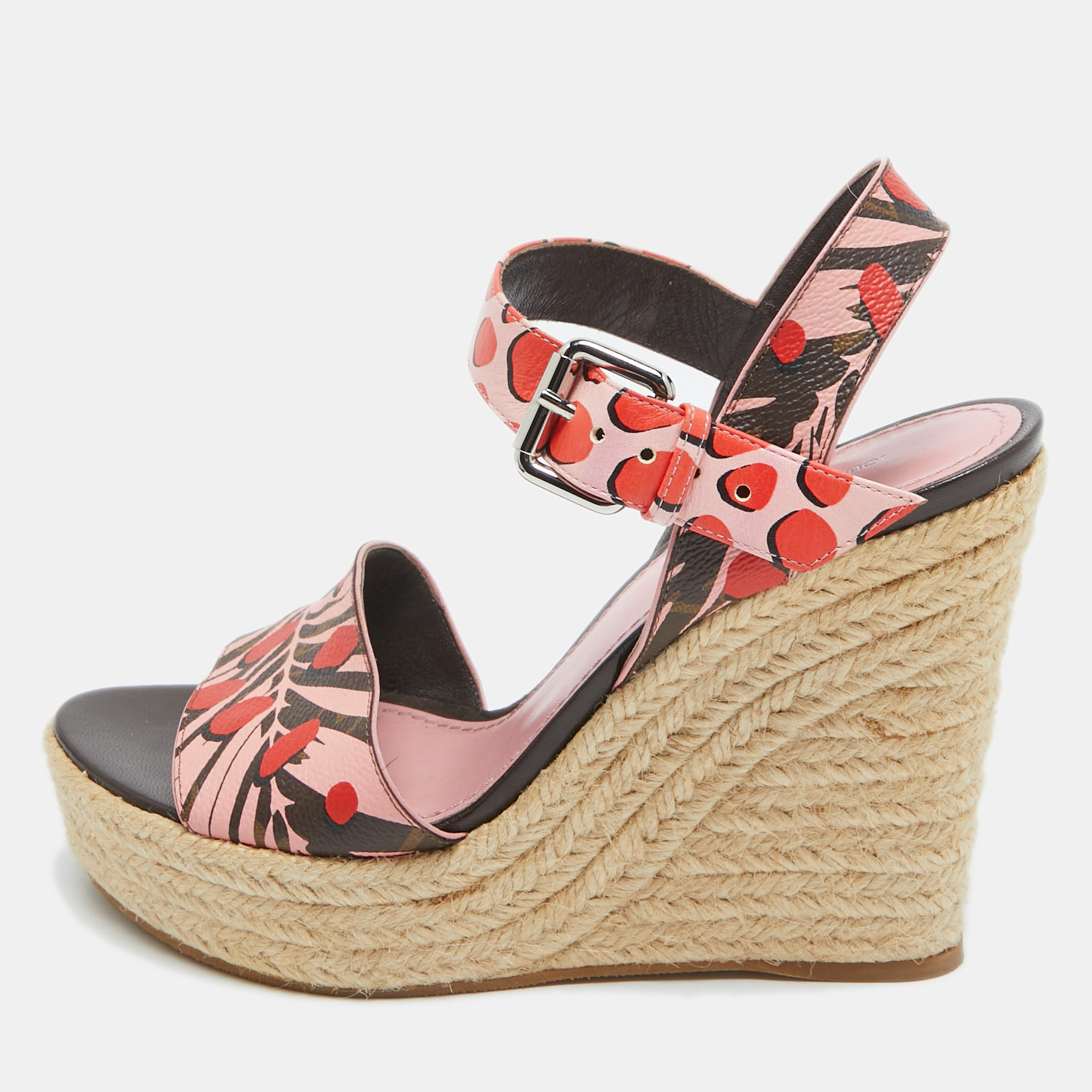 Pre-owned Louis Vuitton Tricolor Printed Monogram Canvas Sugar Pink Poppy Espadrille Wedge Sandals Size 37