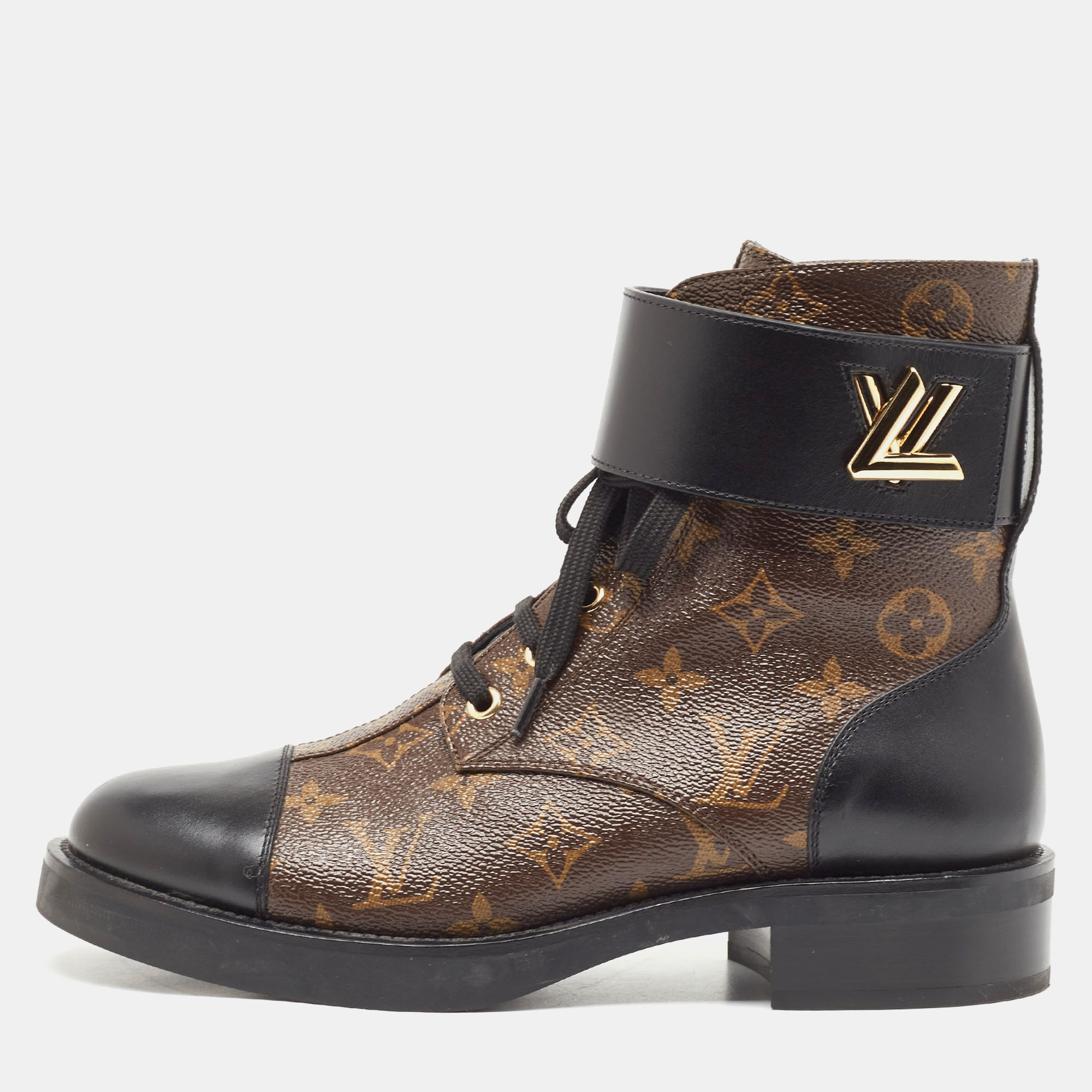 Pre-owned Louis Vuitton Brown/black Monogram Canvas And Leather Wonderland Flat Ranger Boots Size 39