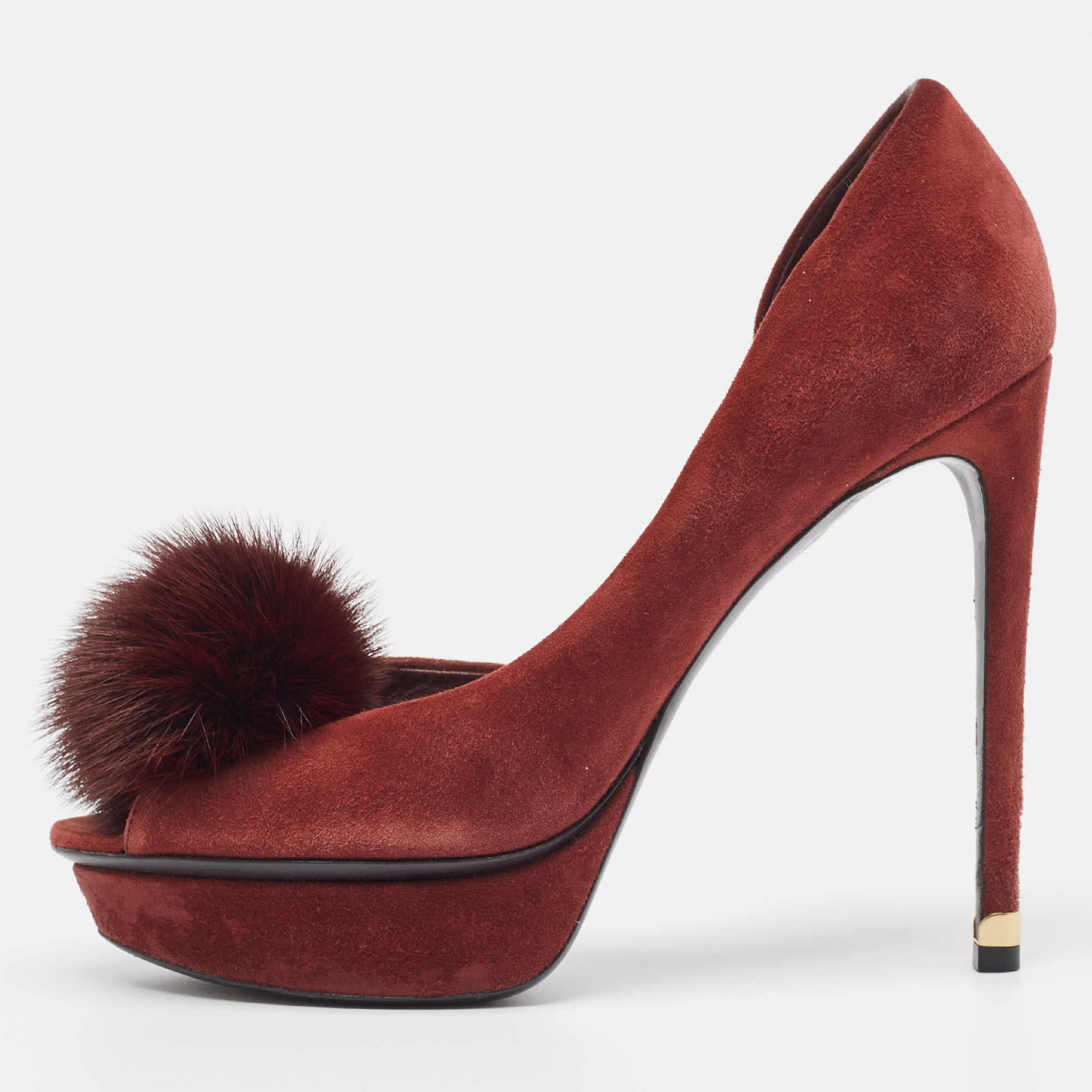 Pre-owned Louis Vuitton Burgundy Suede And Fur Peep Toe Pumps Size 37
