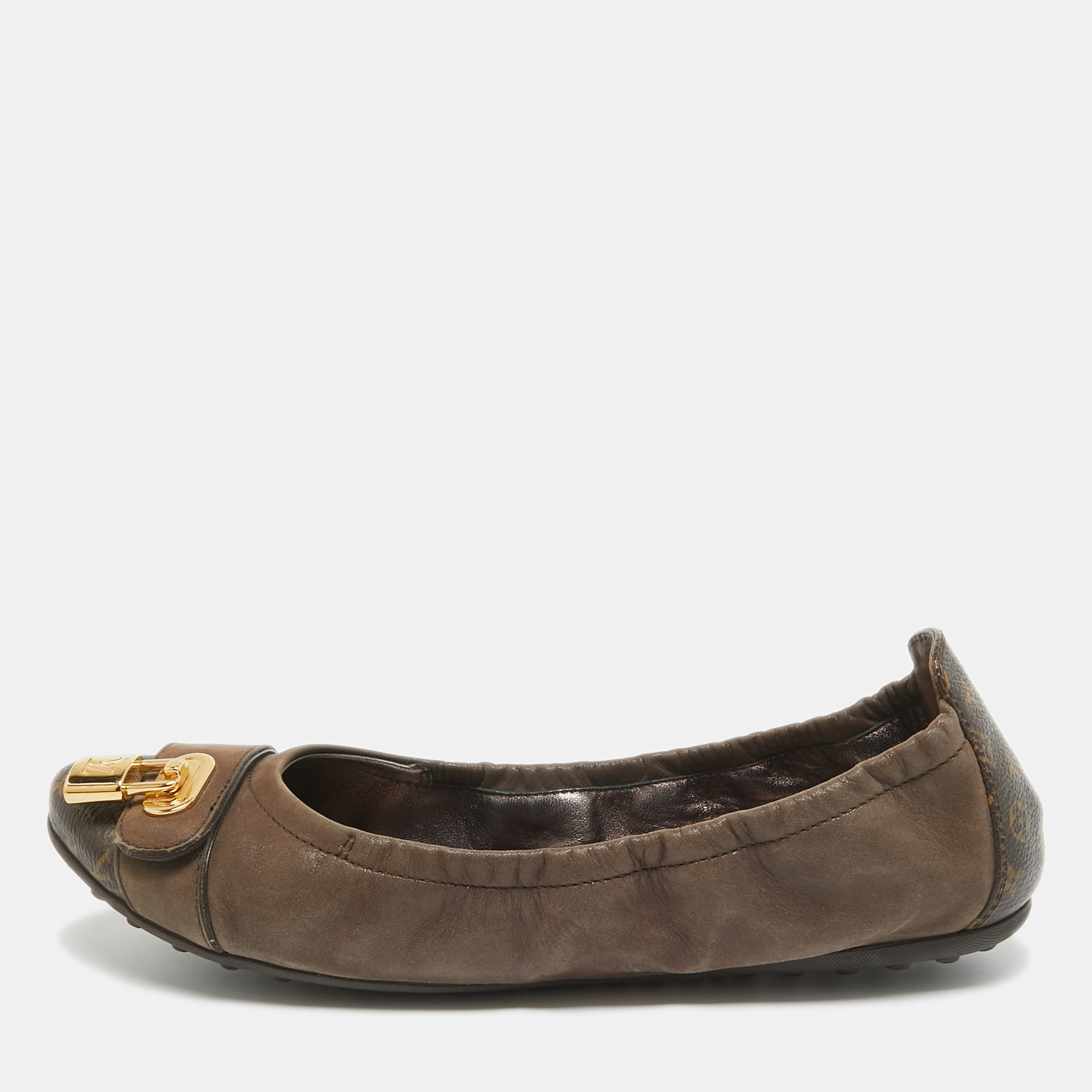 Pre-owned Louis Vuitton Brown Glitter Nubuck And Monogram Canvas Lucky Ballet Flats Size 36.5