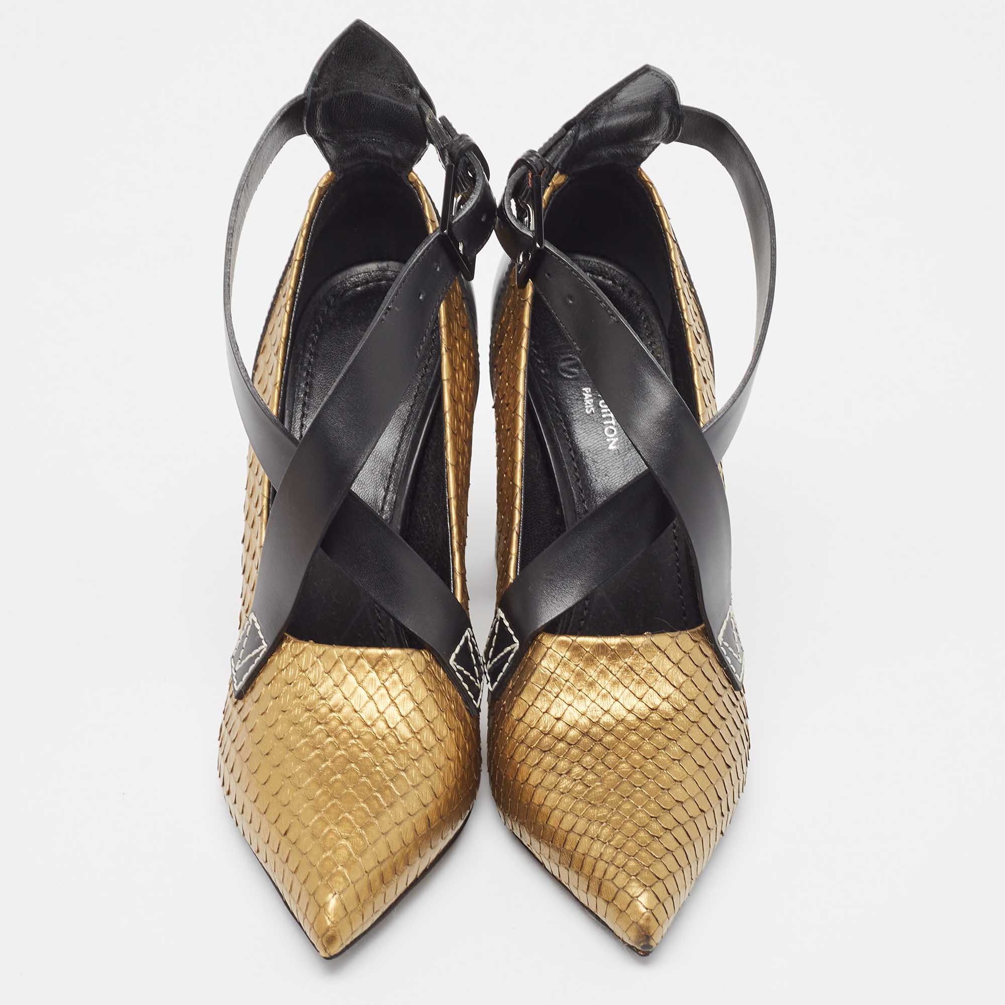 Louis Vuitton Gold Python and Leather Crisscross Strap Pumps Size 36.5 