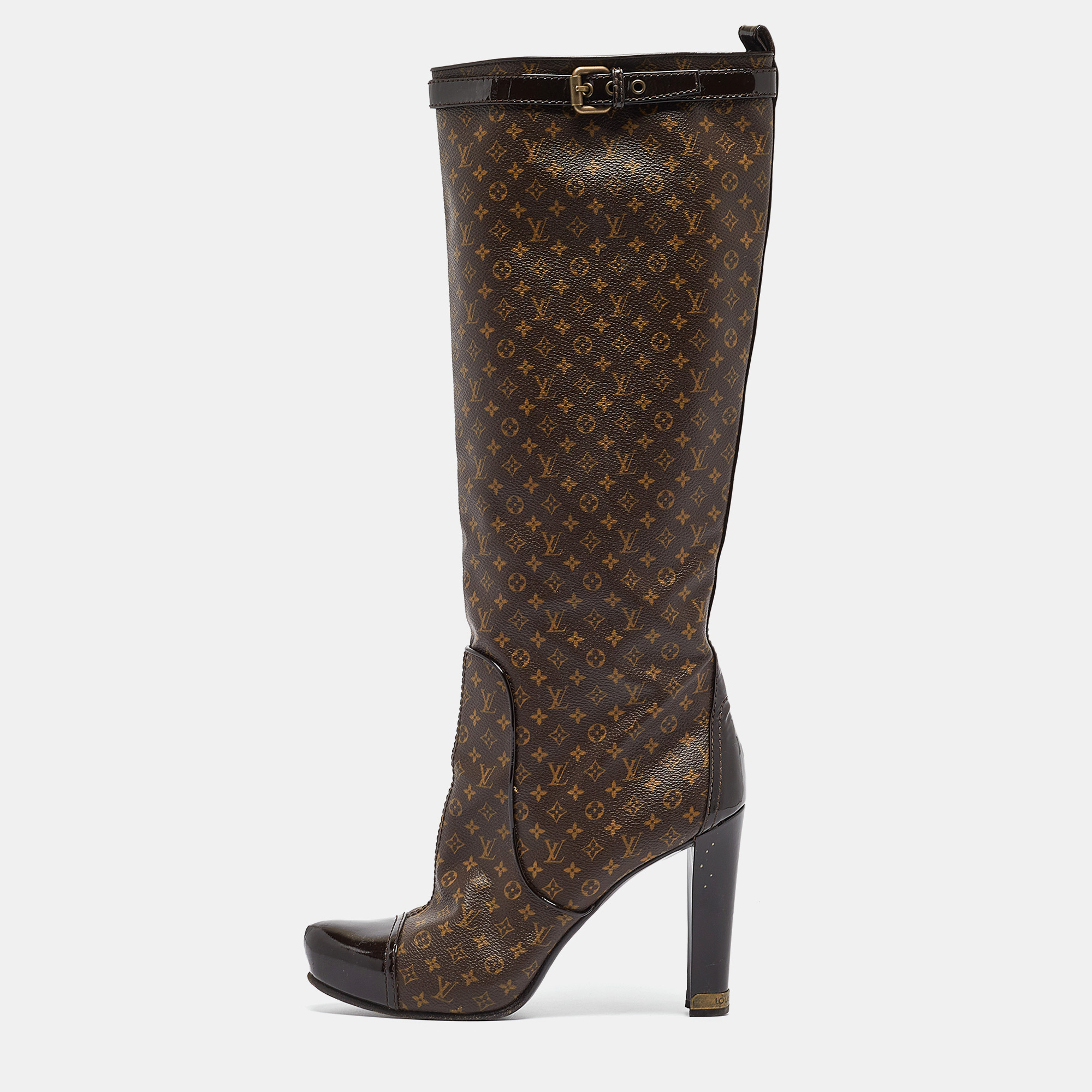 Pre-owned Louis Vuitton Brown Monogram Canvas And Patent Idole Knee Length Boots Size 40