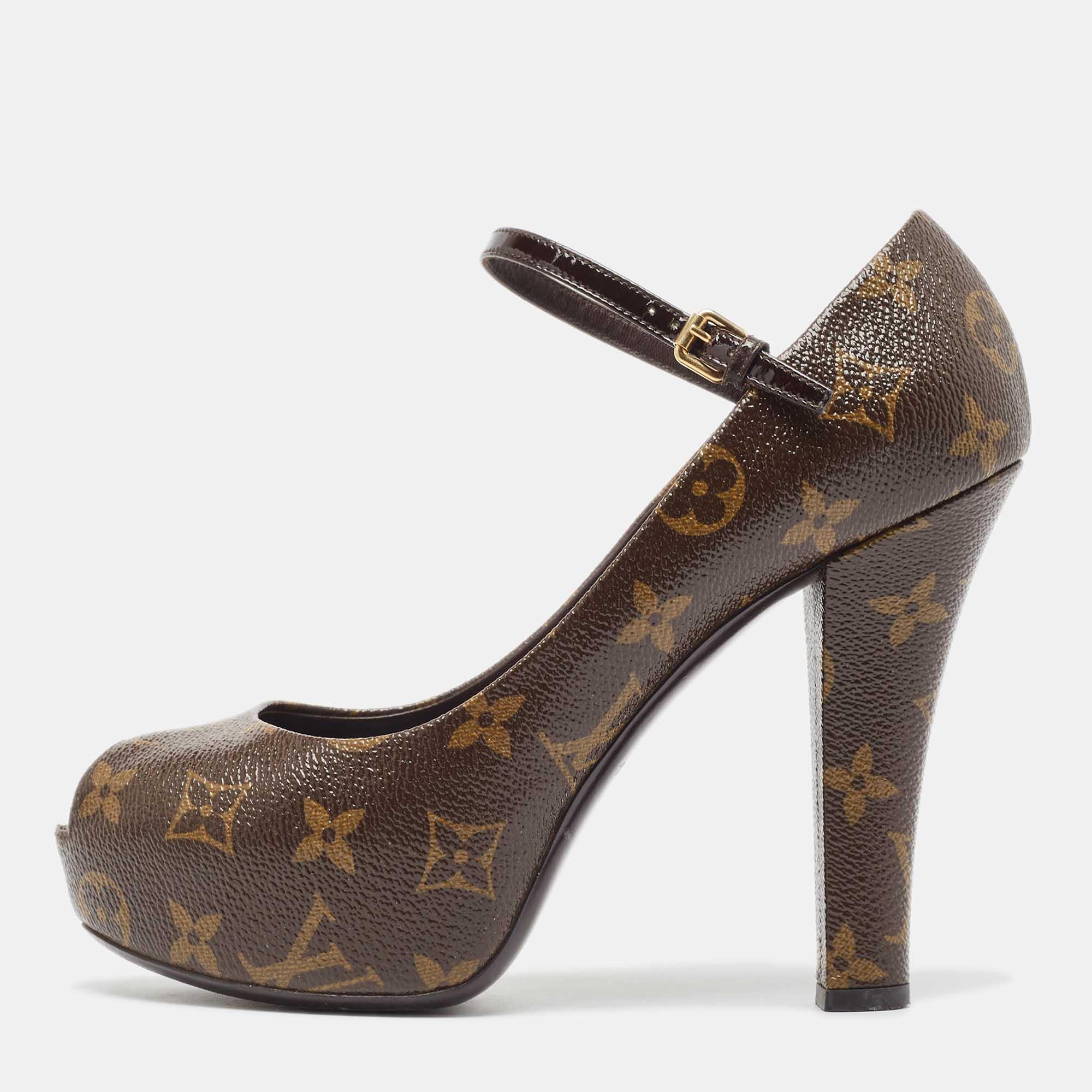 Pre-owned Louis Vuitton Brown Monogram Canvas Peep Toe Mary Jane Pumps Size 37