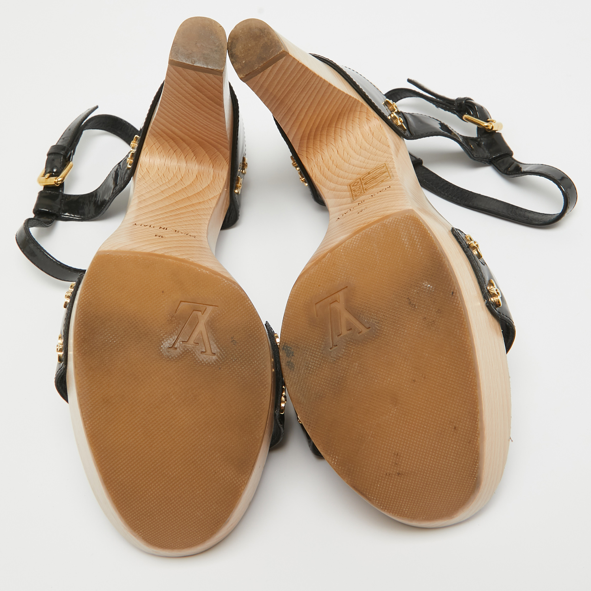 Louis Vuitton Black Patent Leather  Ankle Strap Sandals Size 38 