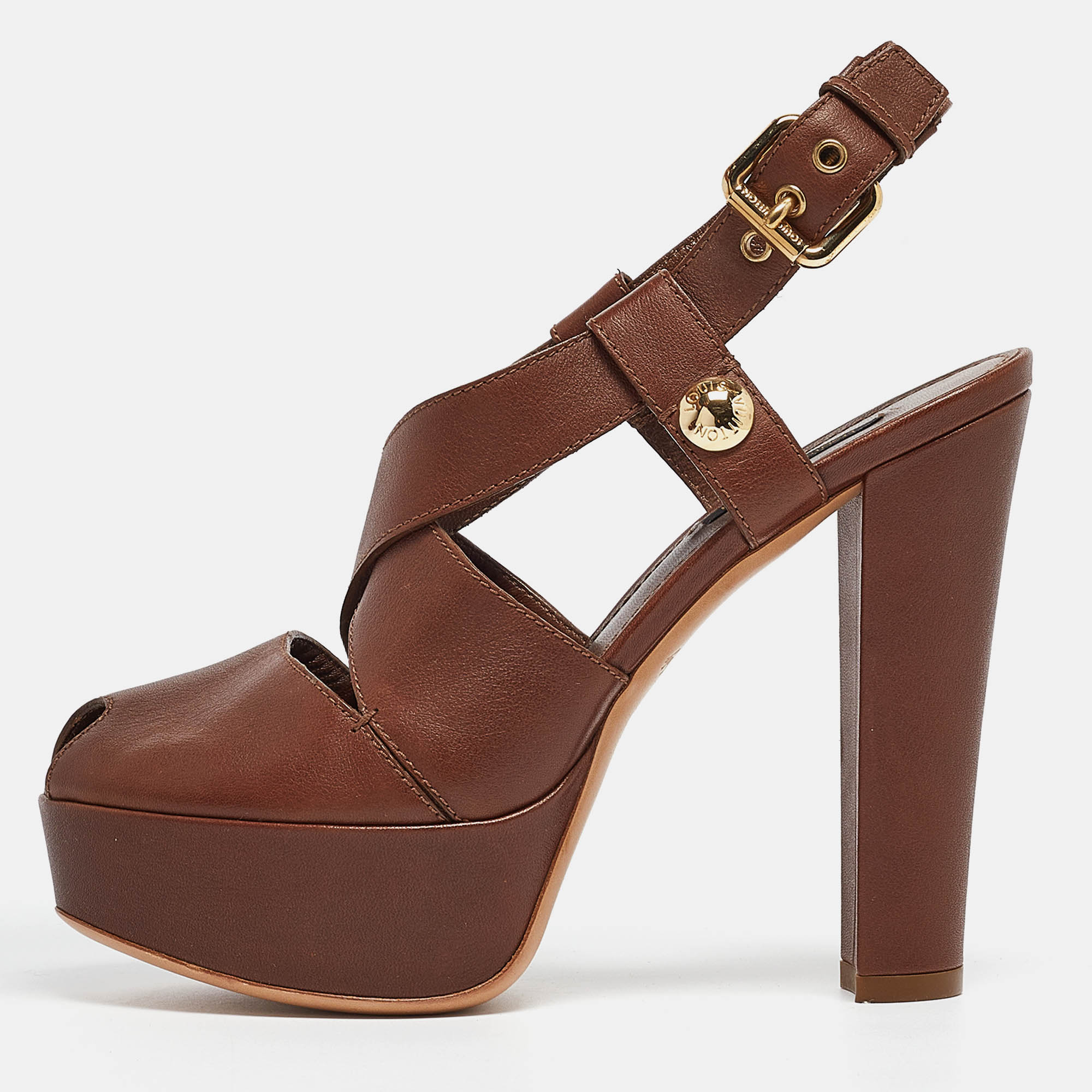 

Louis Vuitton Dark Brown Leather Slingback Platform Sandals Size