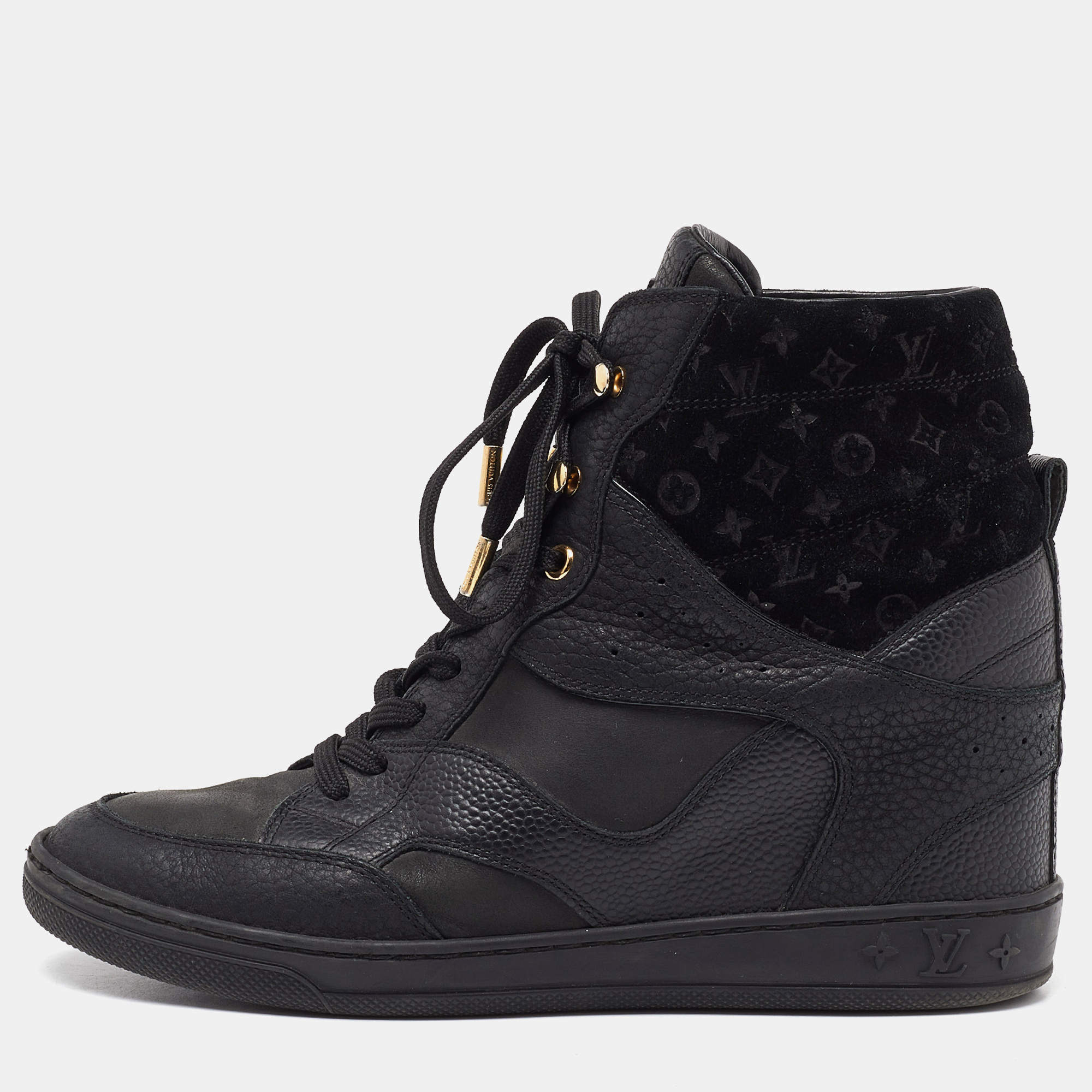 

Louis Vuitton Black Leather and Monogram Suede Wedge High Top Sneakers Size