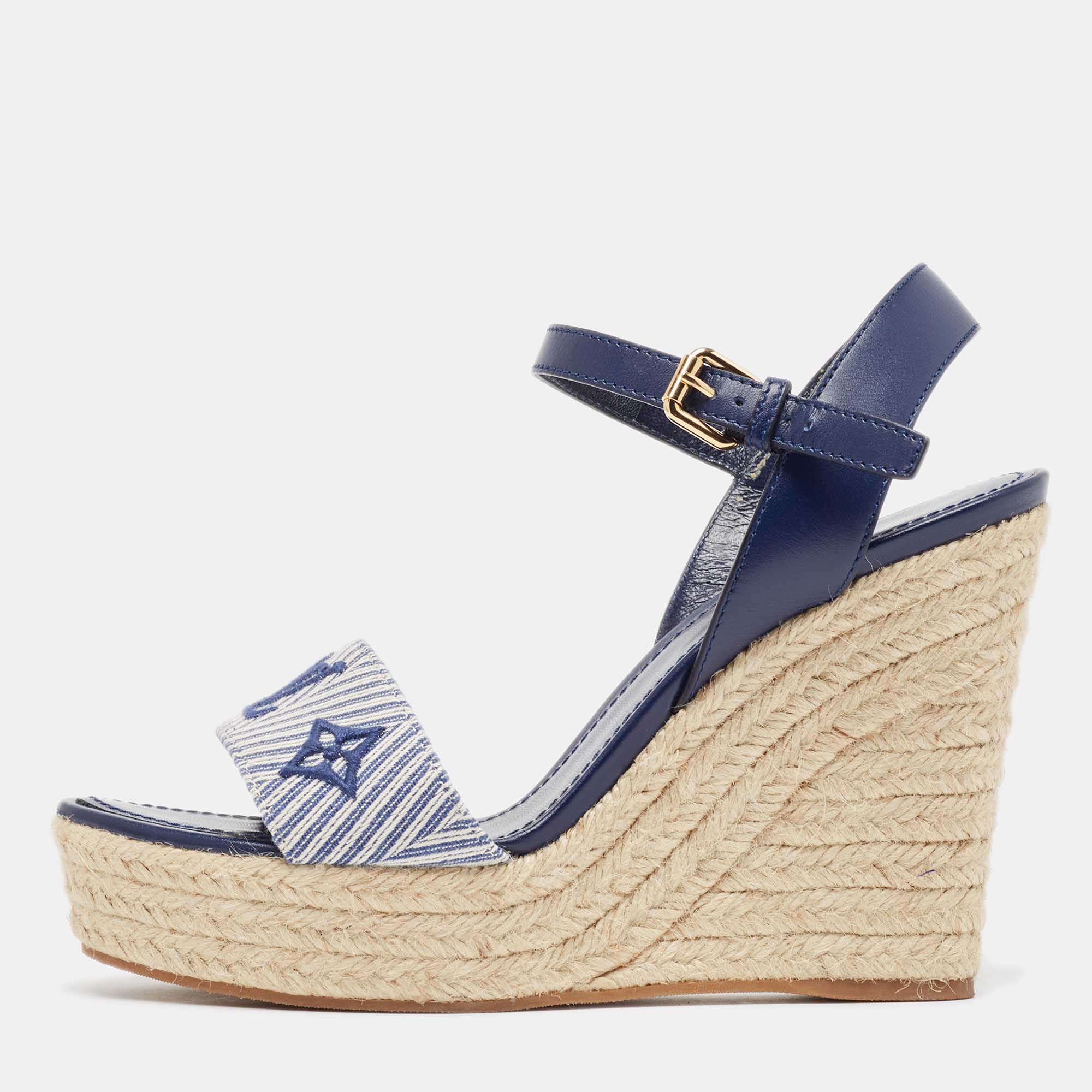 

Louis Vuitton Navy Blue Monogram Canvas and Leather Sail Away Wedge Sandals Size