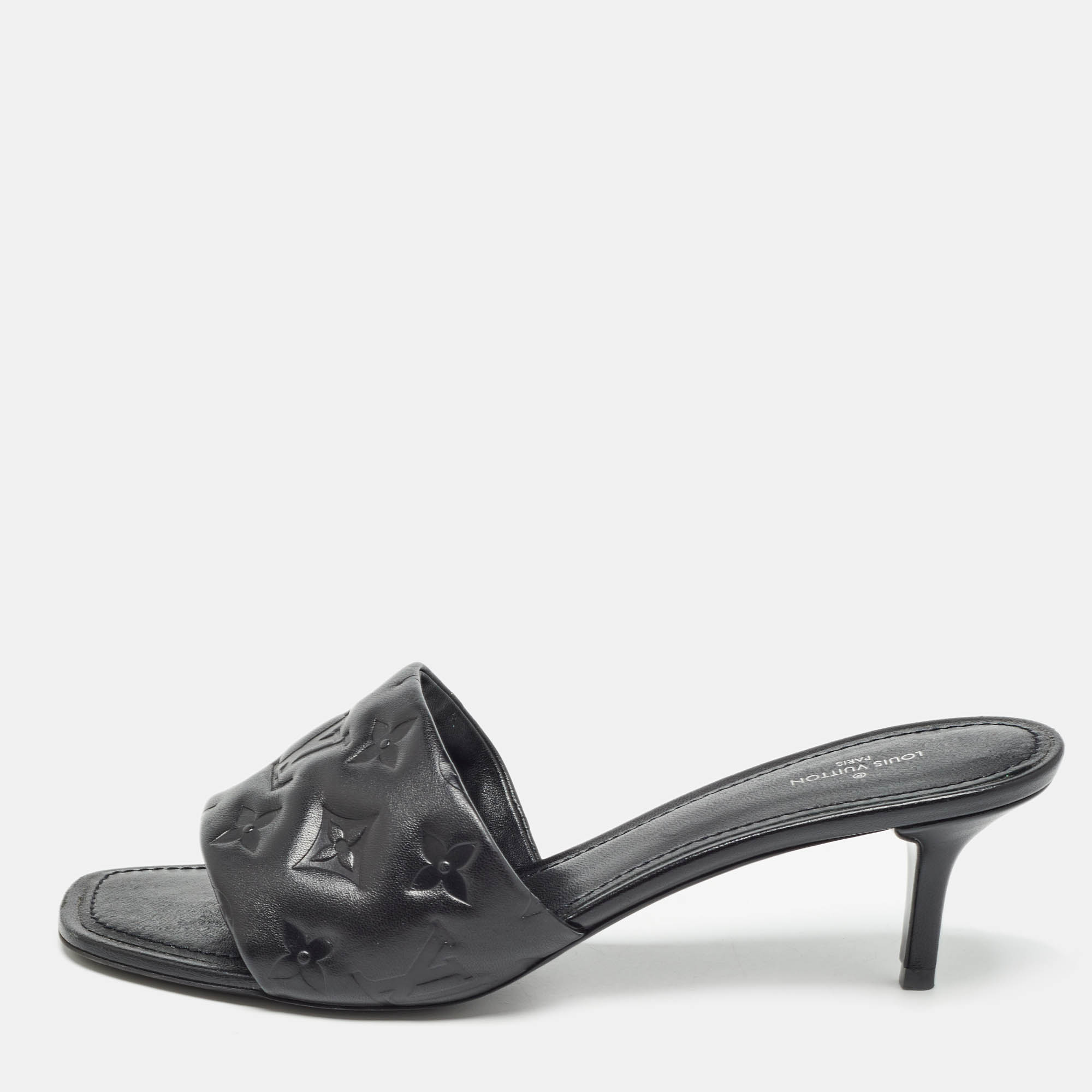 

Louis Vuitton Black Monogram Embossed Leather Revival Slide Sandals Size