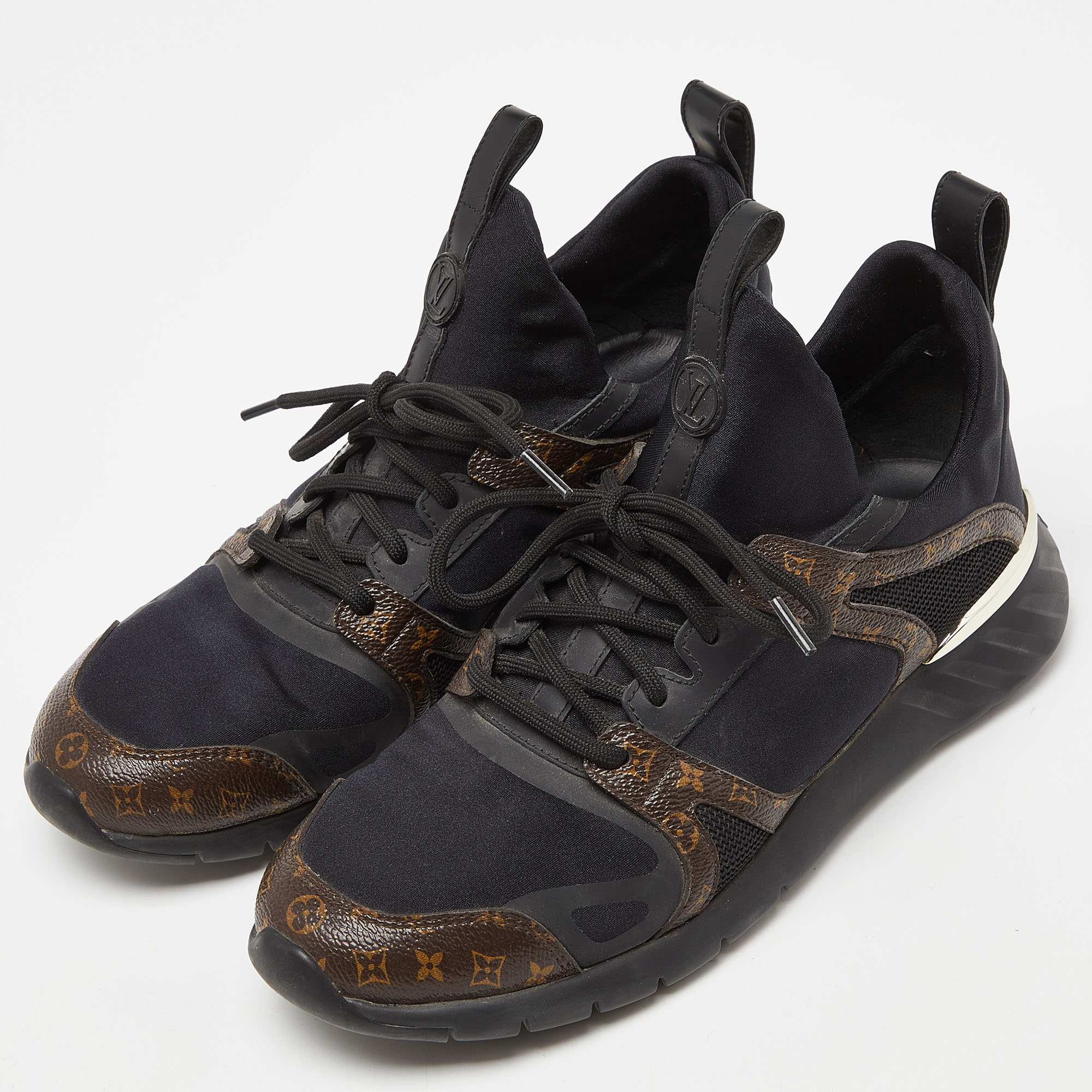Louis Vuitton Black/Brown Fabric and Monogram Canvas Low Top Sneakers Size 38 