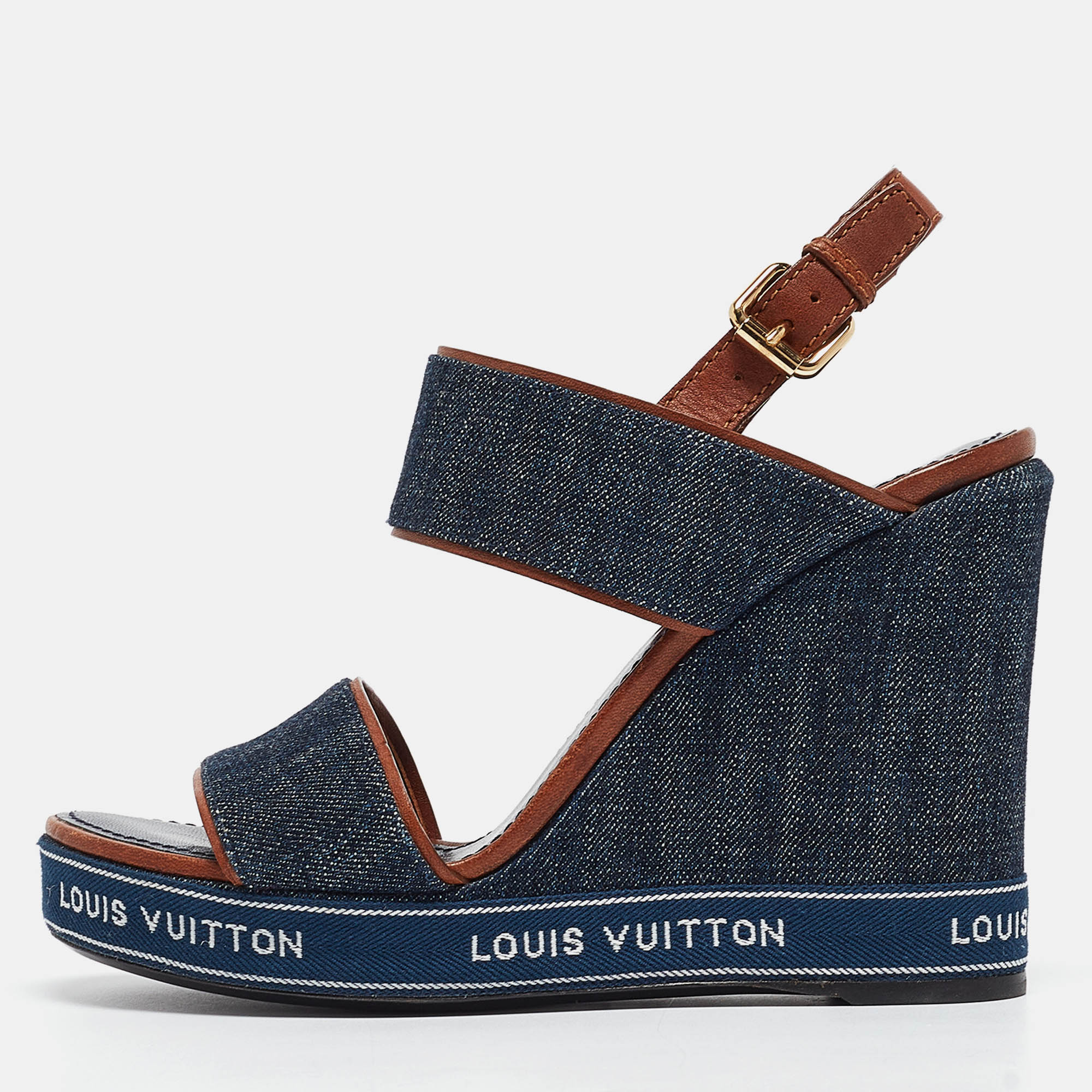 

Louis Vuitton Navy Blue Denim Wedge Sandals Size