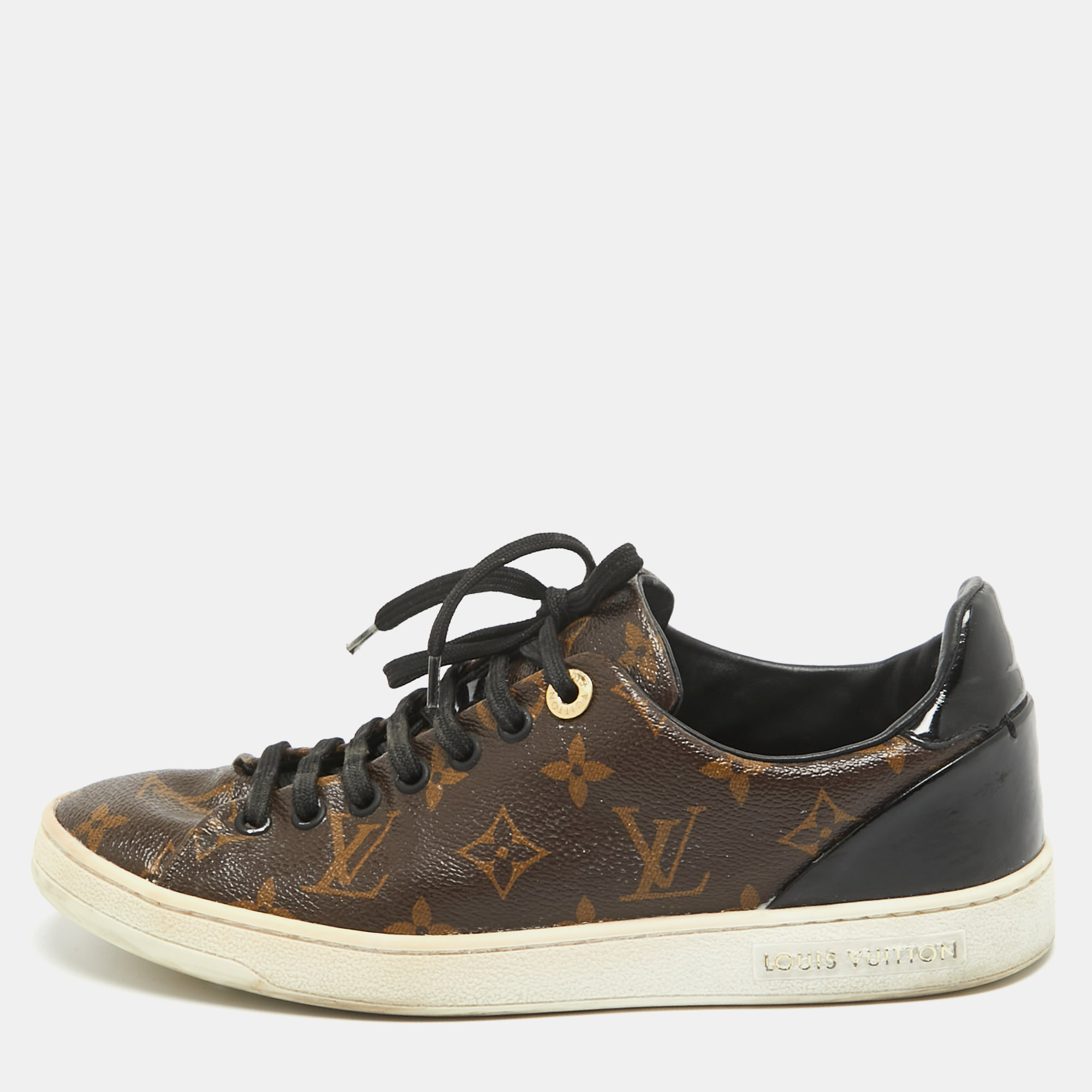 Pre-owned Louis Vuitton Brown/black Monogram Canvas And Patent Frontrow Sneakers Size 37.5