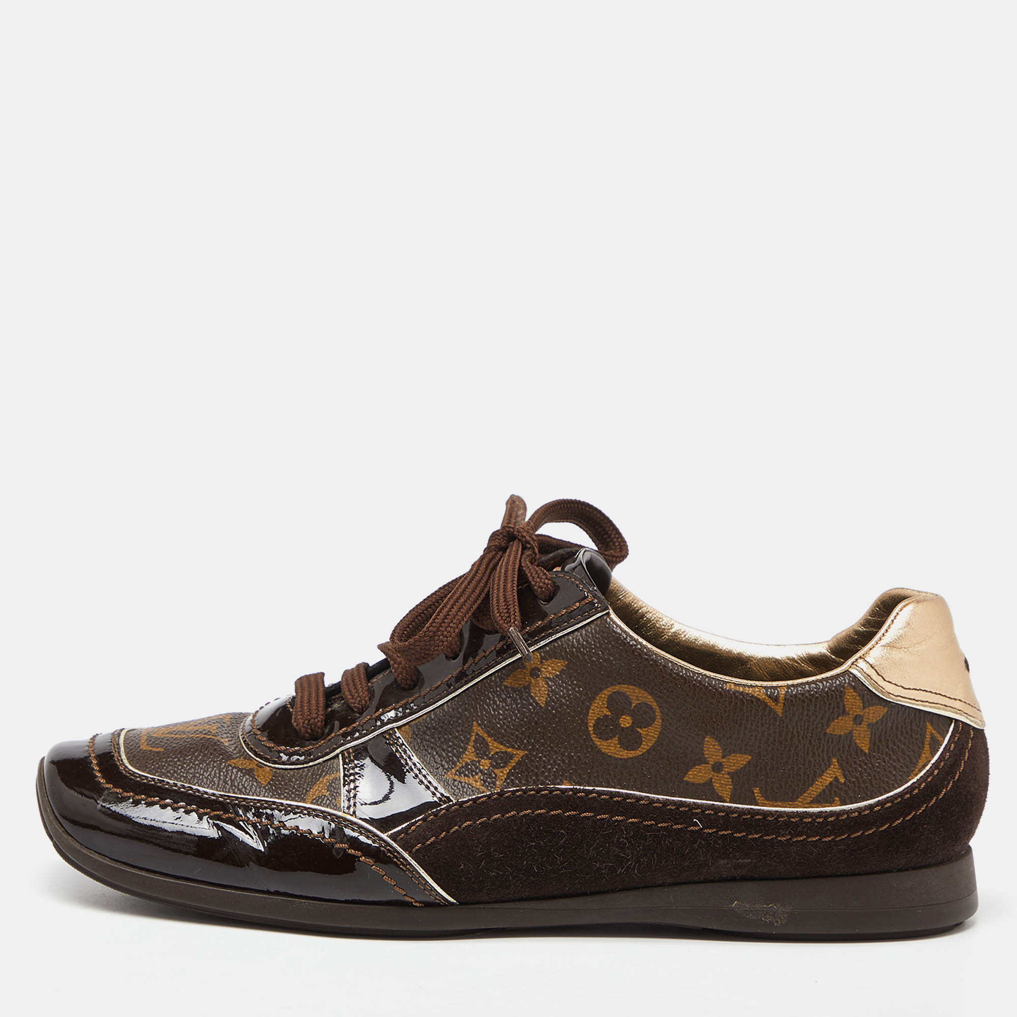 

Louis Vuitton Brown Patent Leather and Monogram Canvas Low Top Sneakers Size