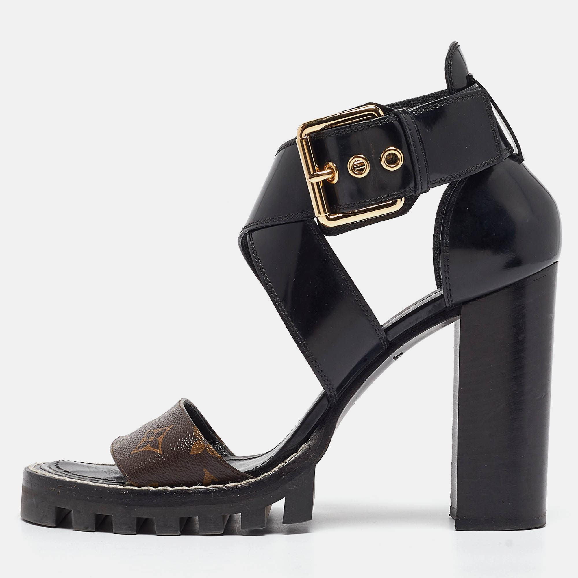 

Louis Vuitton Brown/Black Monogram Canvas and Patent Cross Ankle Strap Sandals Size