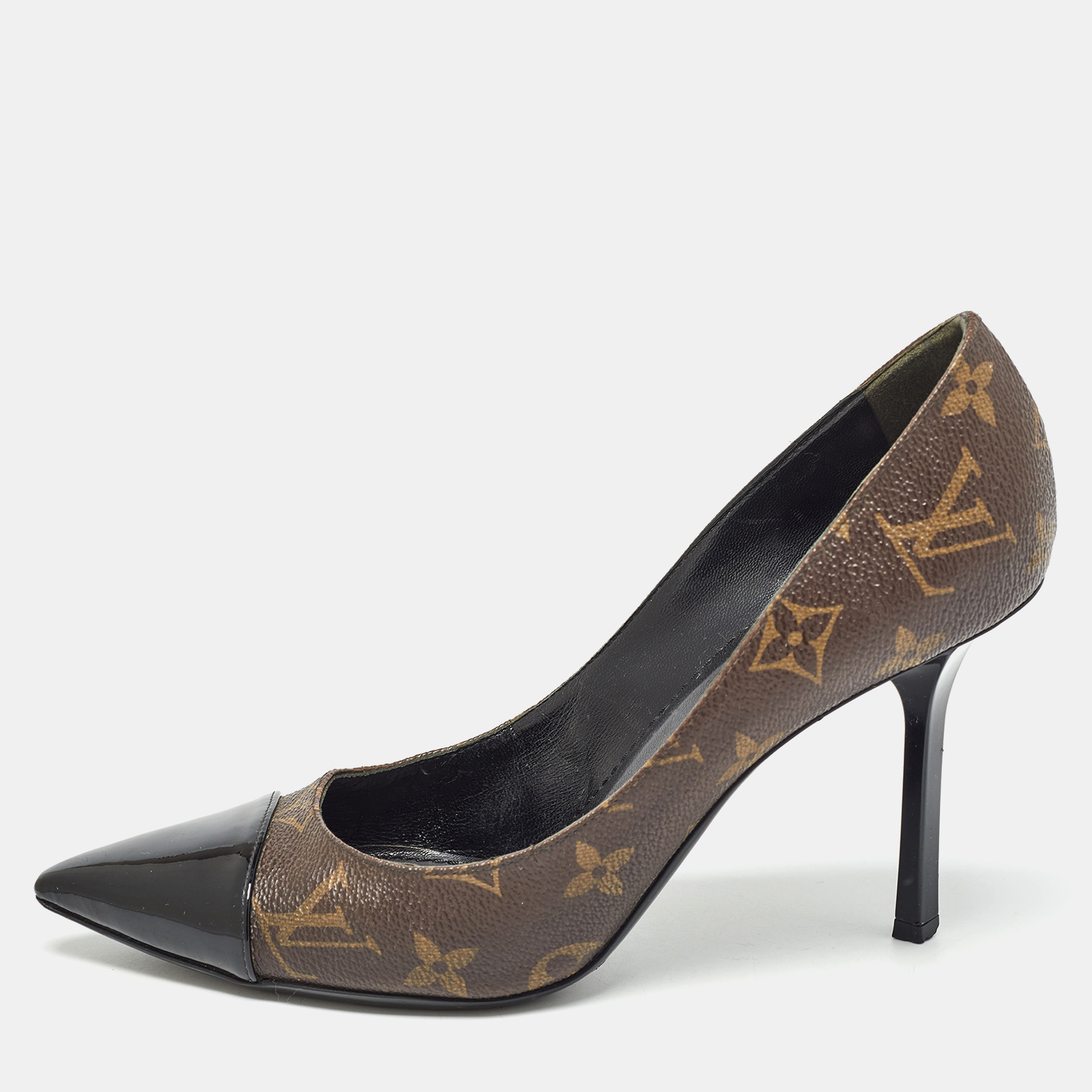 

Louis Vuitton Brown/Black Coated Monogram Canvas and Patent Leather Fetish Pointed Toe Pumps Size