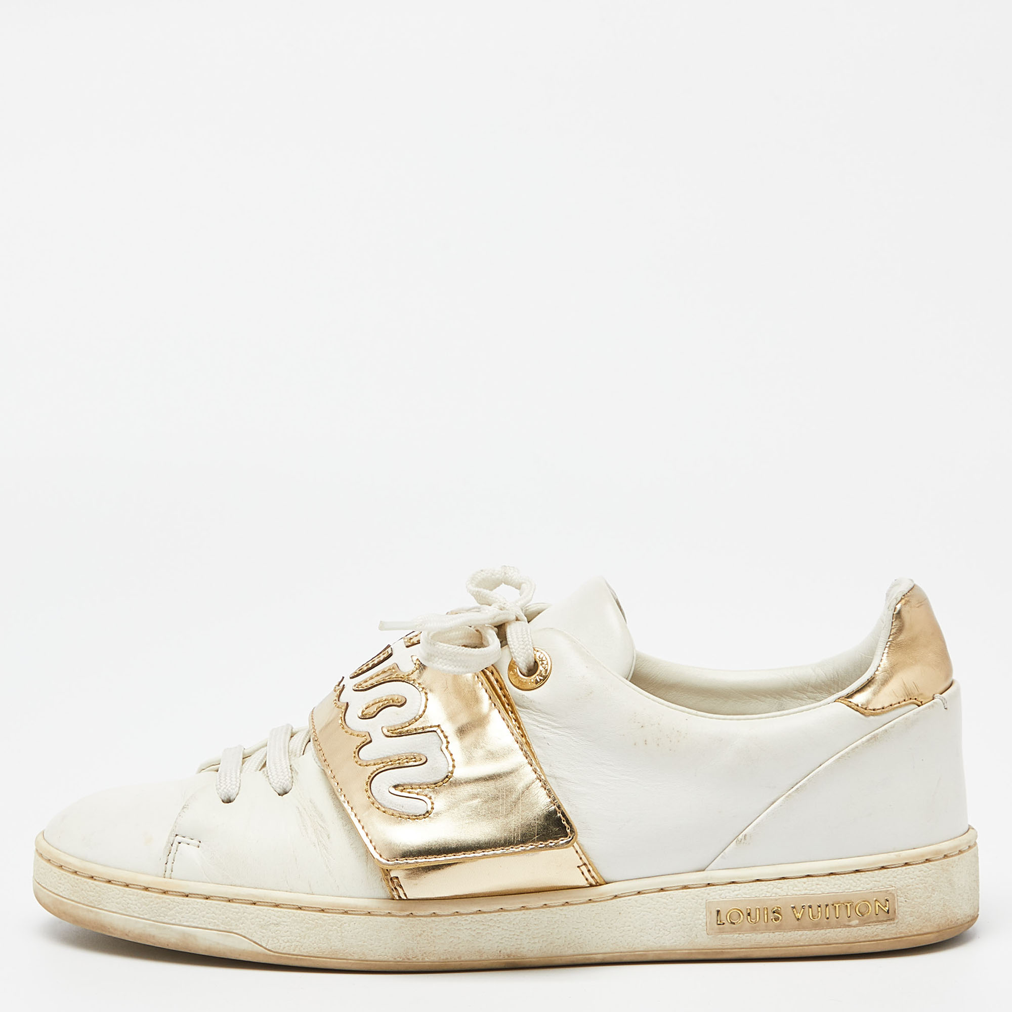 

Louis Vuitton White/Gold Leather Frontrow Low Top Sneakers Size