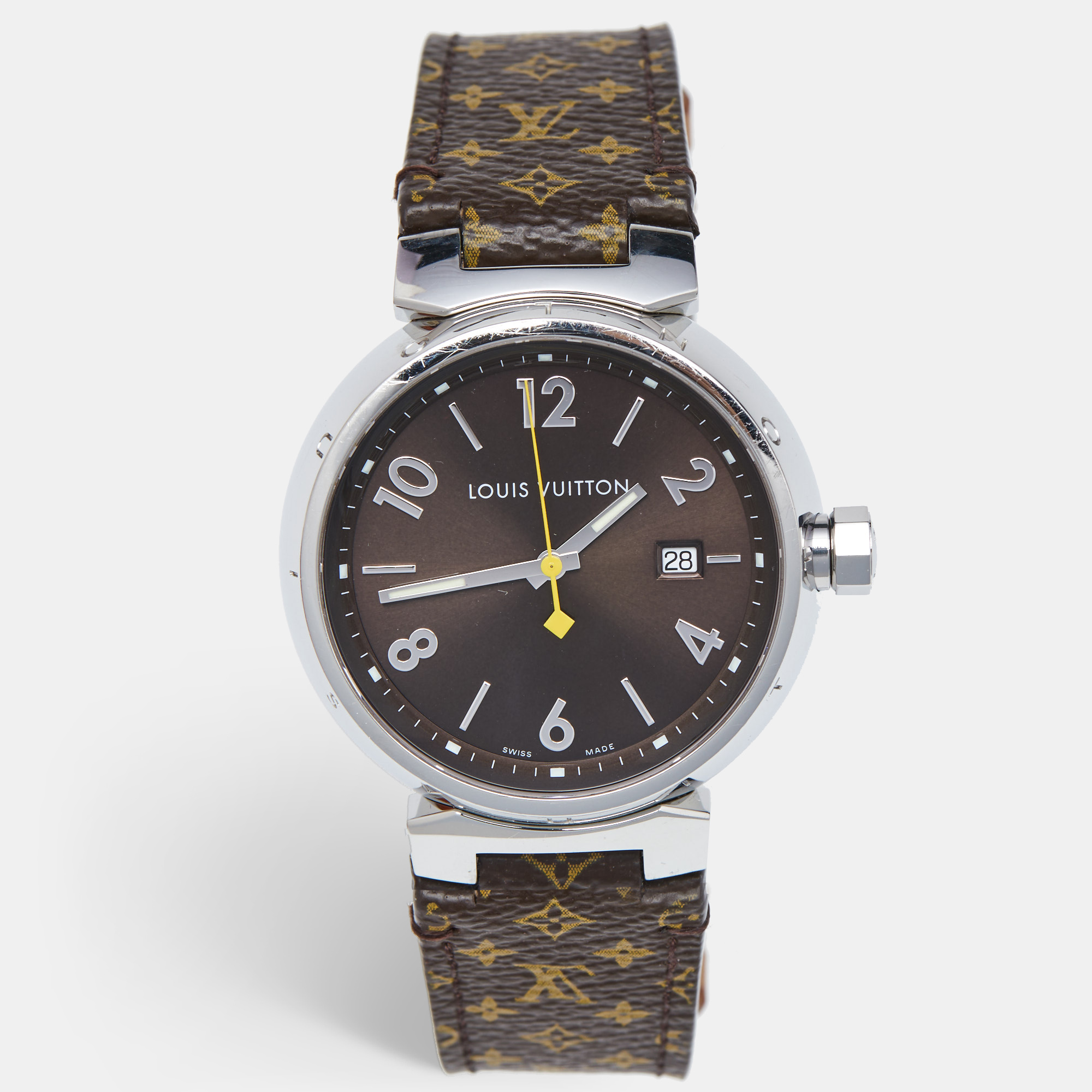 

Louis Vuitton Brown Stainless Steel Leather Tambour Q1111 Women's Wristwatch