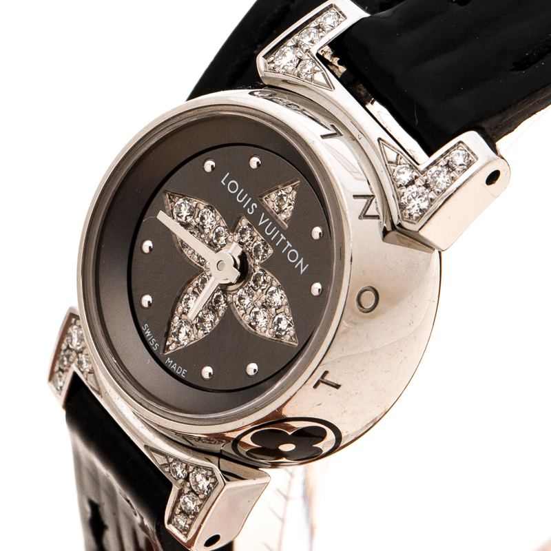 

Louis Vuitton Grey Stainless Steel Diamond Tambour Bijou Q151K Women's Wristwatch, Black