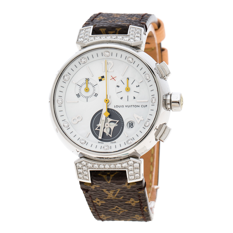 Louis Vuitton White Mother of Pearl Stainless Steel Diamonds Tambour Q132H Women&#39;s Wristwatch 34 ...