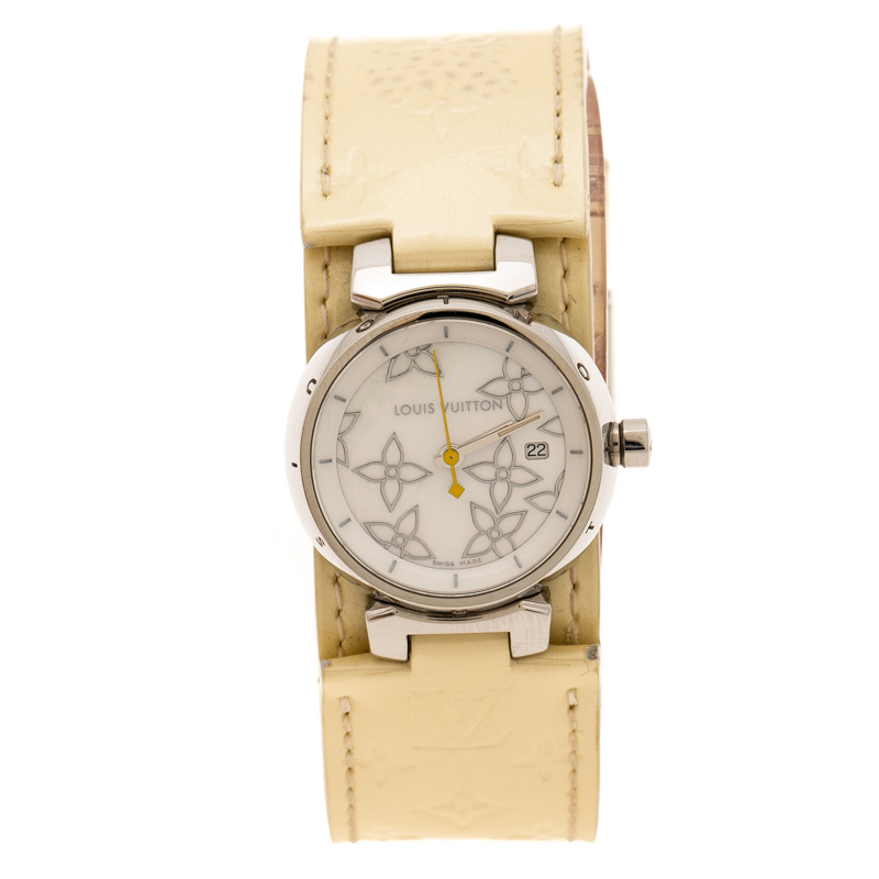 Louis Vuitton White Shell 18k Yellow Gold Tambour Q132L Quartz Women's  Wristwatch 34 mm Louis Vuitton