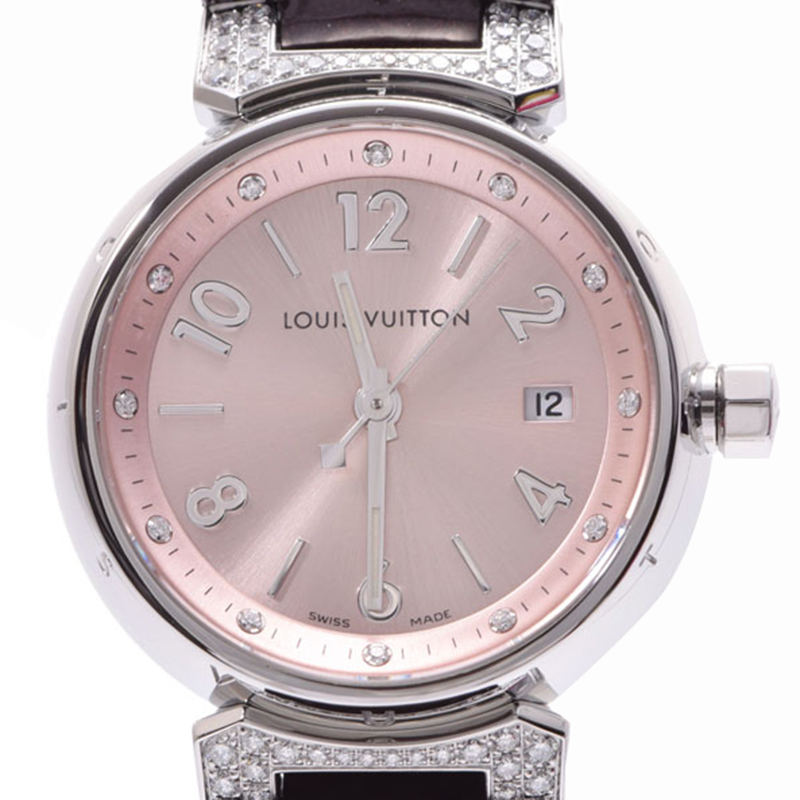 

Louis Vuitton Pink Stainless Steel and Leather Diamond Tambour Q121Y Women's Wristwatch