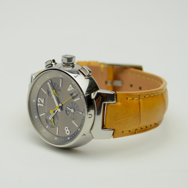 Pre-owned Louis Vuitton Tambour Chronograph Quartz Ladies Watch Q1322, Quartz Movement, Leather Strap, 34 mm Case in Beige
