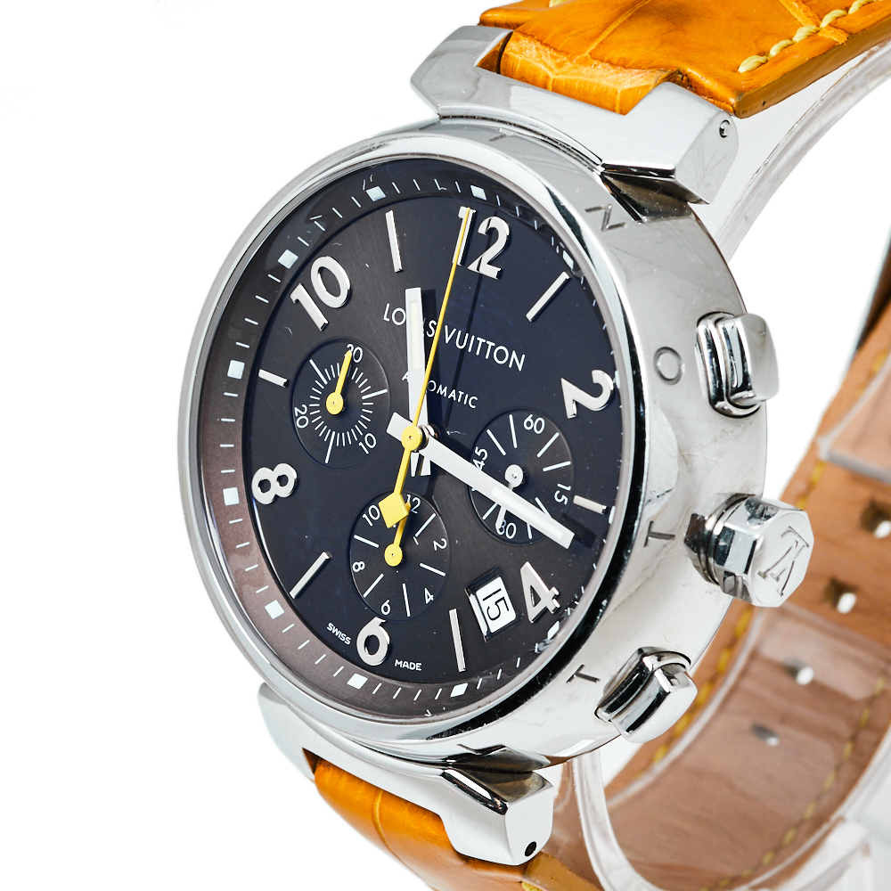 

Louis Vuitton Brown Stainless Steel Alligator Skin Leather Tambour Q1121 Women's Wristwatch