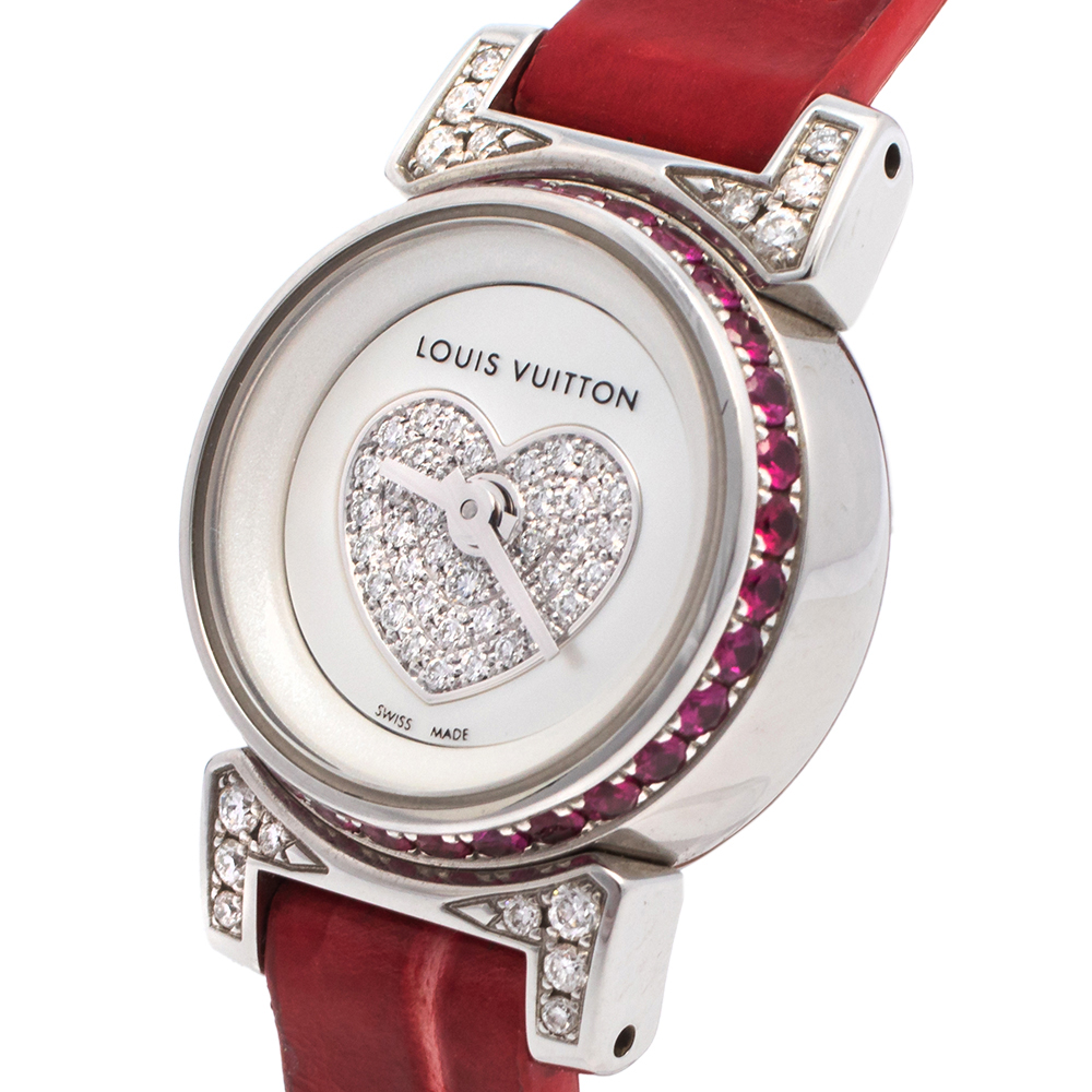 

Louis Vuitton Mother Of Pearl Stainless Steel & Leather Diamonds Tambour Bijou Q151F Women's Wristwatch, White