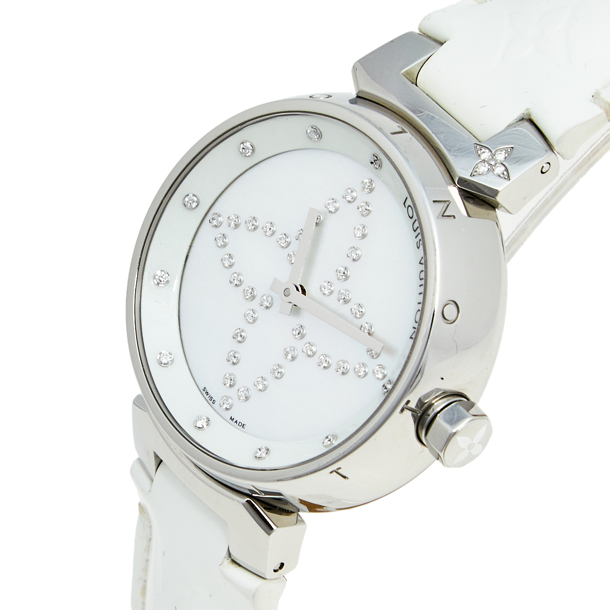 

Louis Vuitton Mother of Pearl Diamond Stainless Steel Leather Tambour Bijou Q13M0 Women's Wristwatch, White