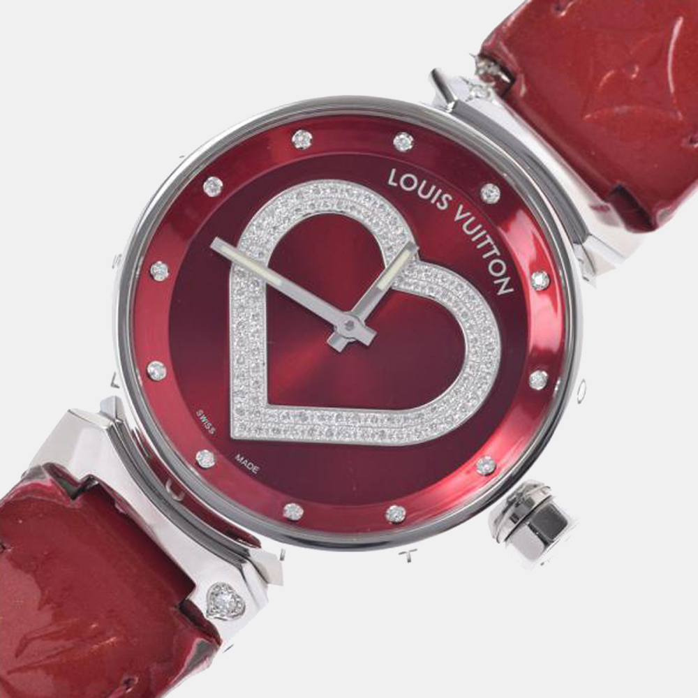 

Louis Vuitton Red Diamonds Stainless Steel Tambour Heart Q1314 Women's Wristwatch 34 mm