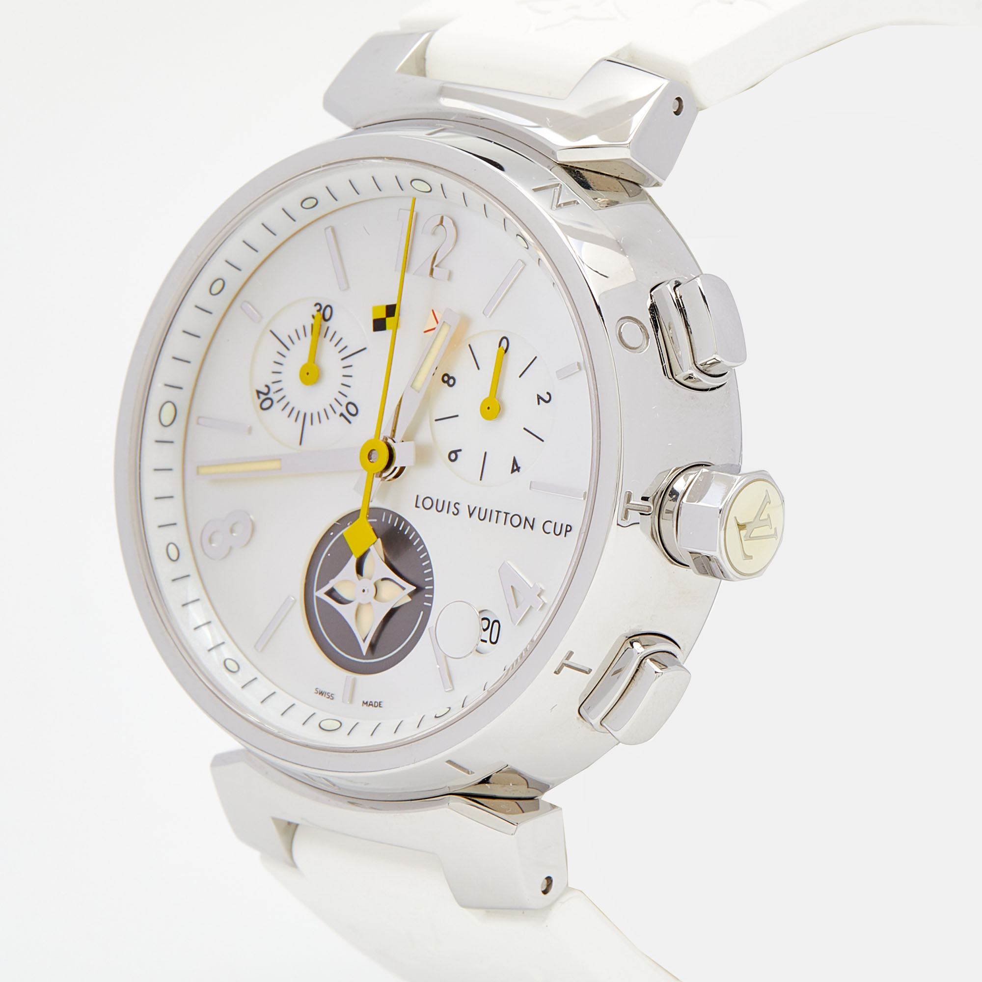 

Louis Vuitton Mother of Pearl Stainless Steel Rubber Tambour Lovely Cup Q11BA Women's Wristwatch, White