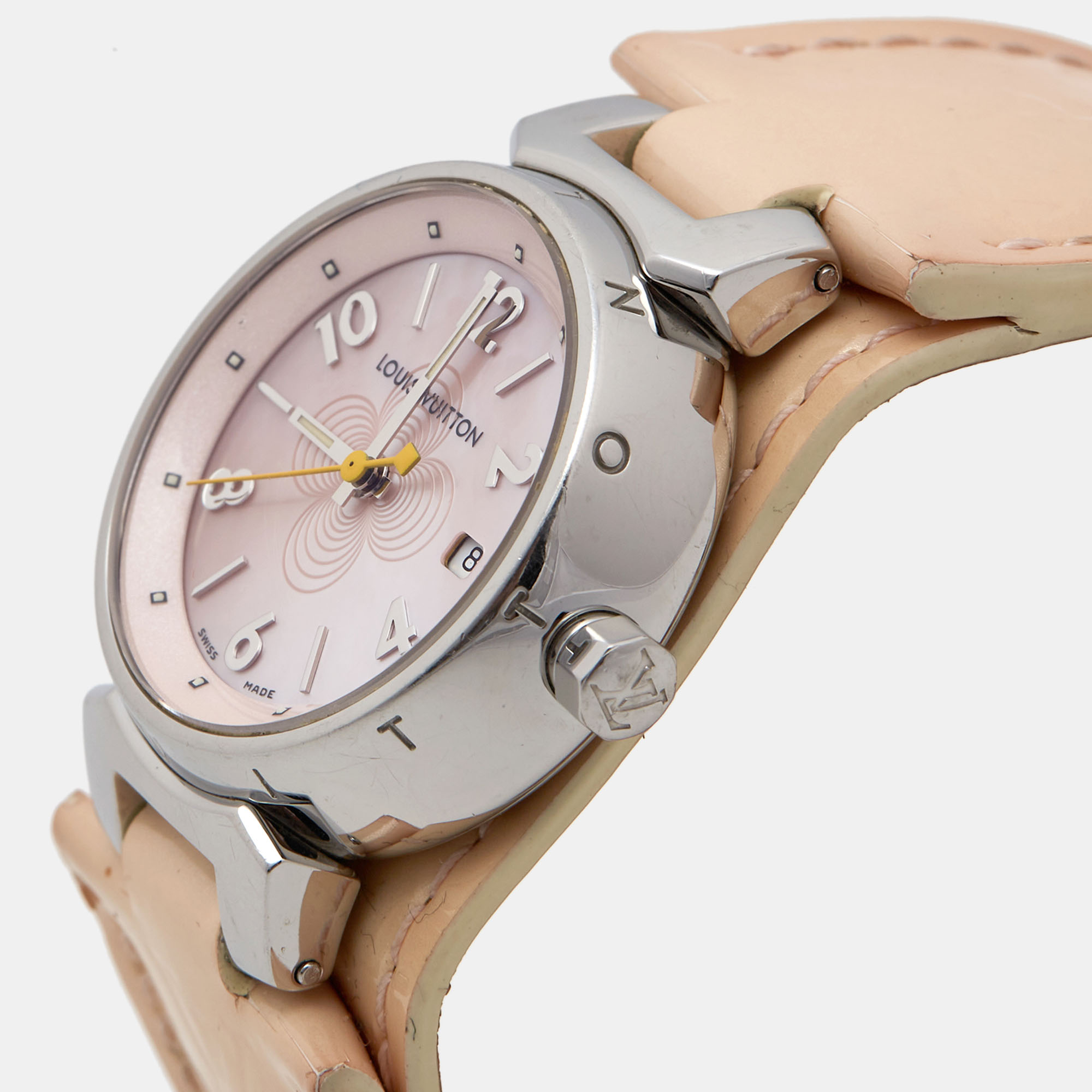 

Louis Vuitton Pink Mother Of Pearl Stainless Steel Patent Leather Tambour Q1216 Women's Wristwatch, Cream